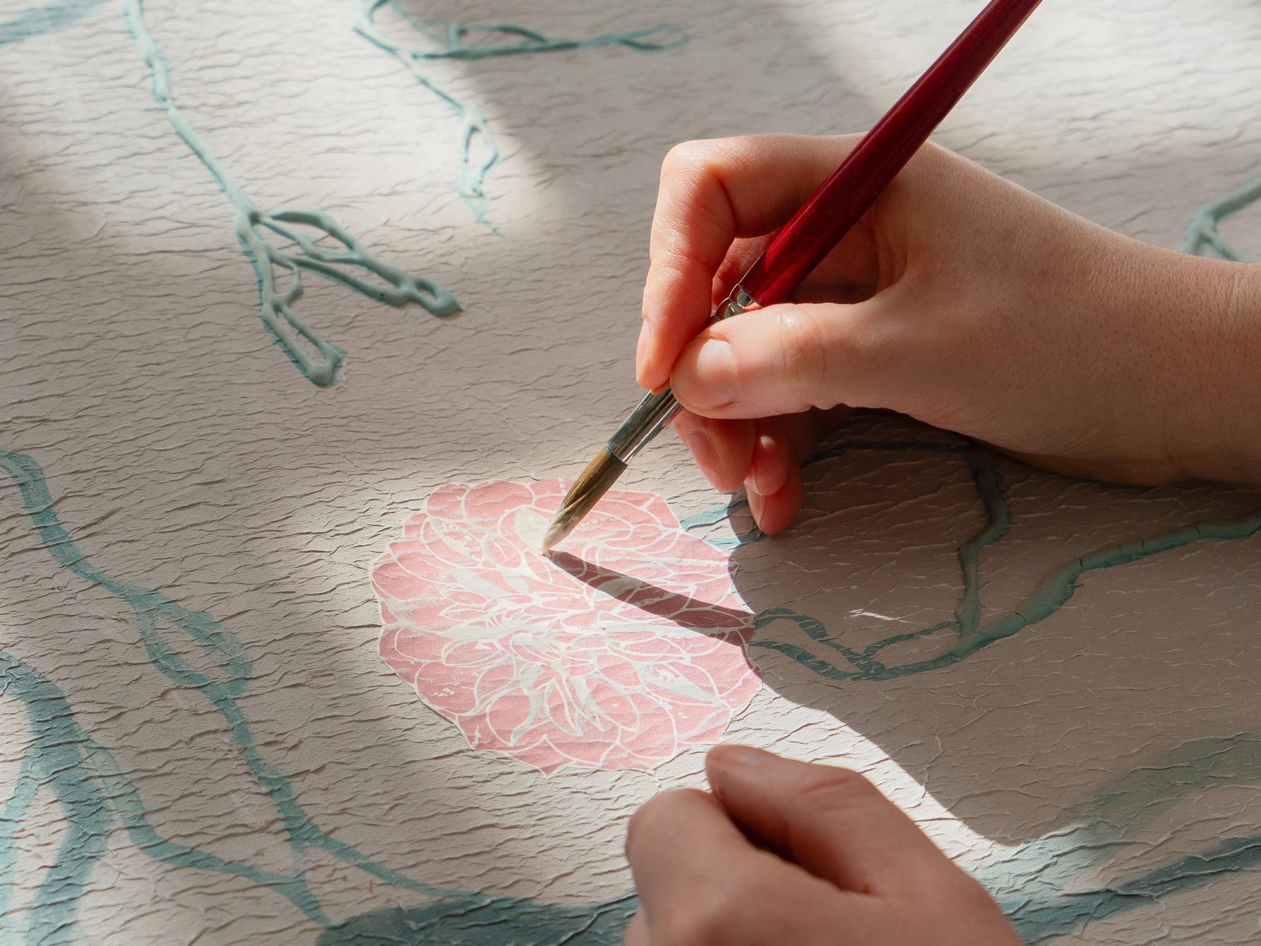 Italian Fabscarte Handmade and Hand Painted Wallpaper, Post Garden Verde For Sale