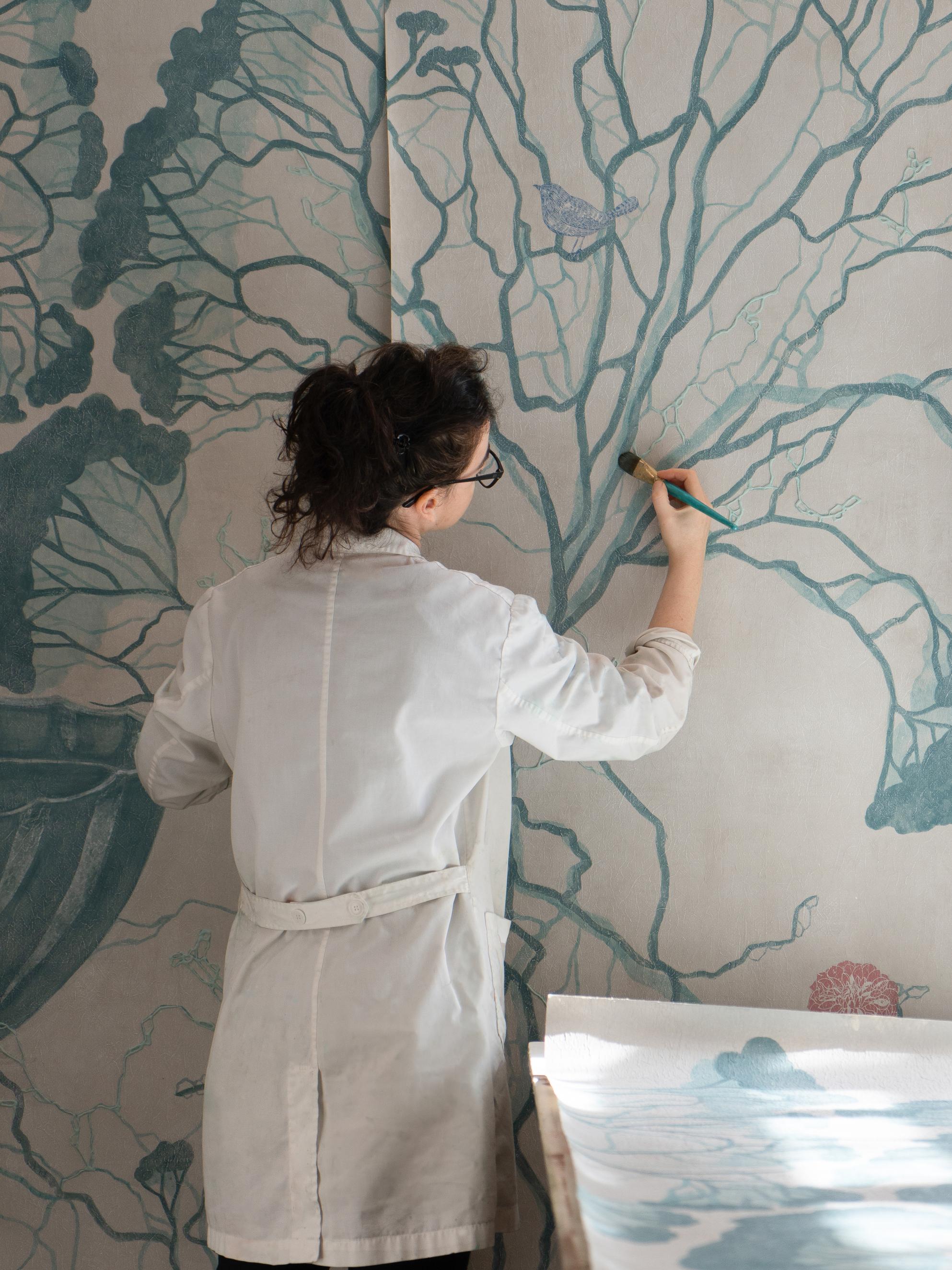 Stucco Fabscarte Handmade and Hand Painted Wallpaper, Post Garden Verde For Sale
