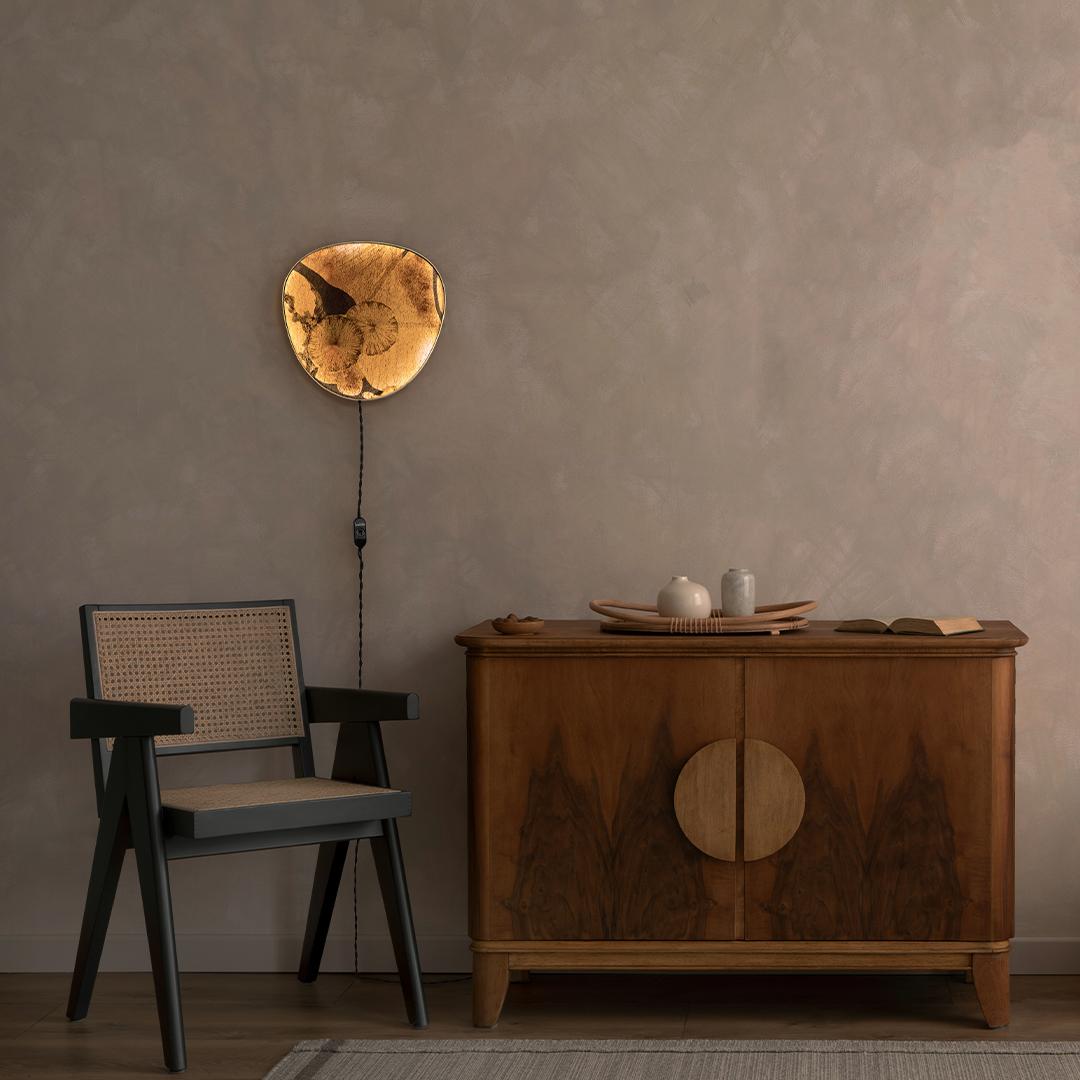 Wall lamps made with the Fabscarte's wallpapers. The paper is mounted on a precious brass fan-shaped support. When turned on the lamp is suggestive of the lunar atmosphere and creates spectacular plays of light.

The collection was created based on