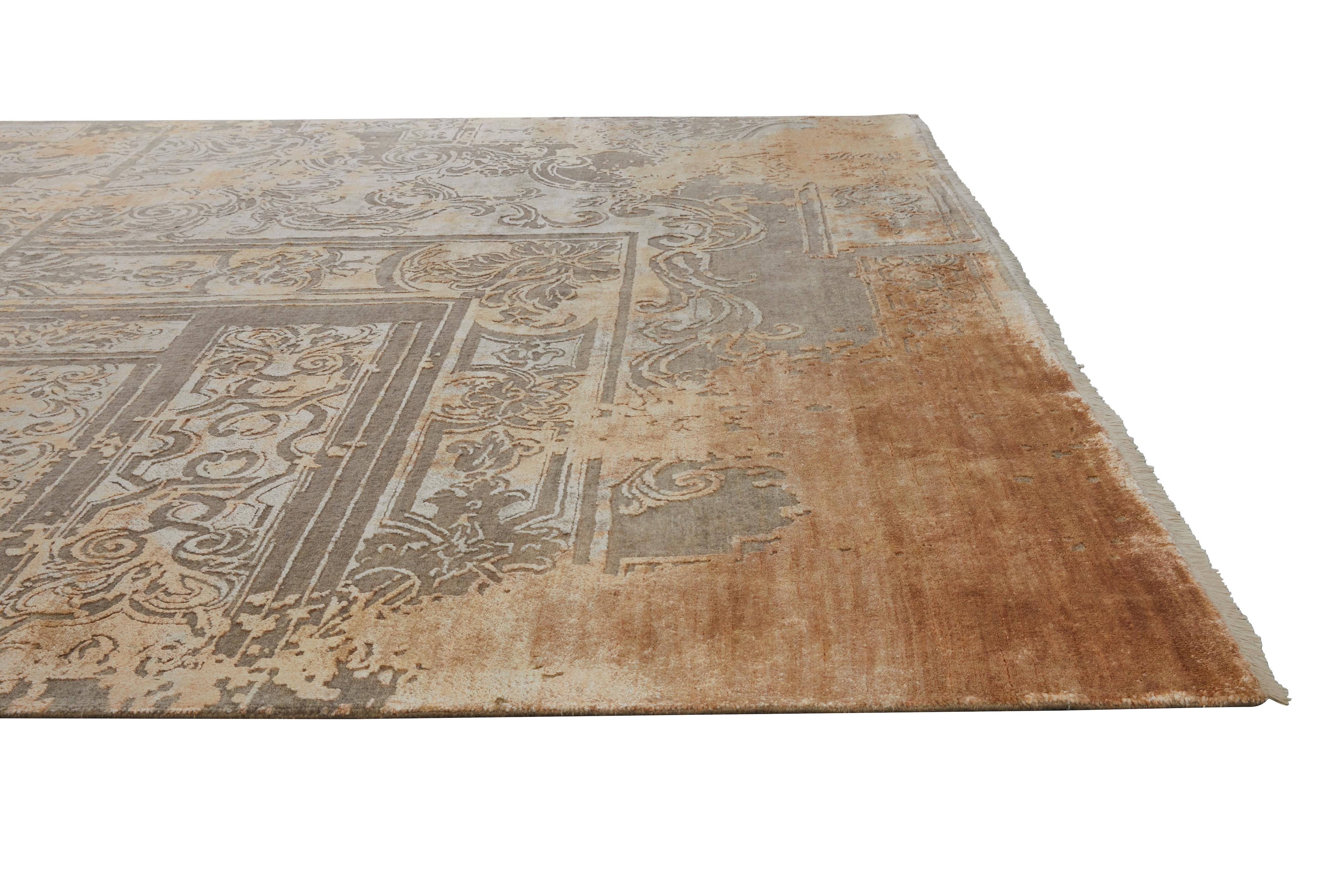 FABULEUX Hand Knotted French Rococo Inspired Rug, Blue & Taupe Colours by Hands For Sale 5