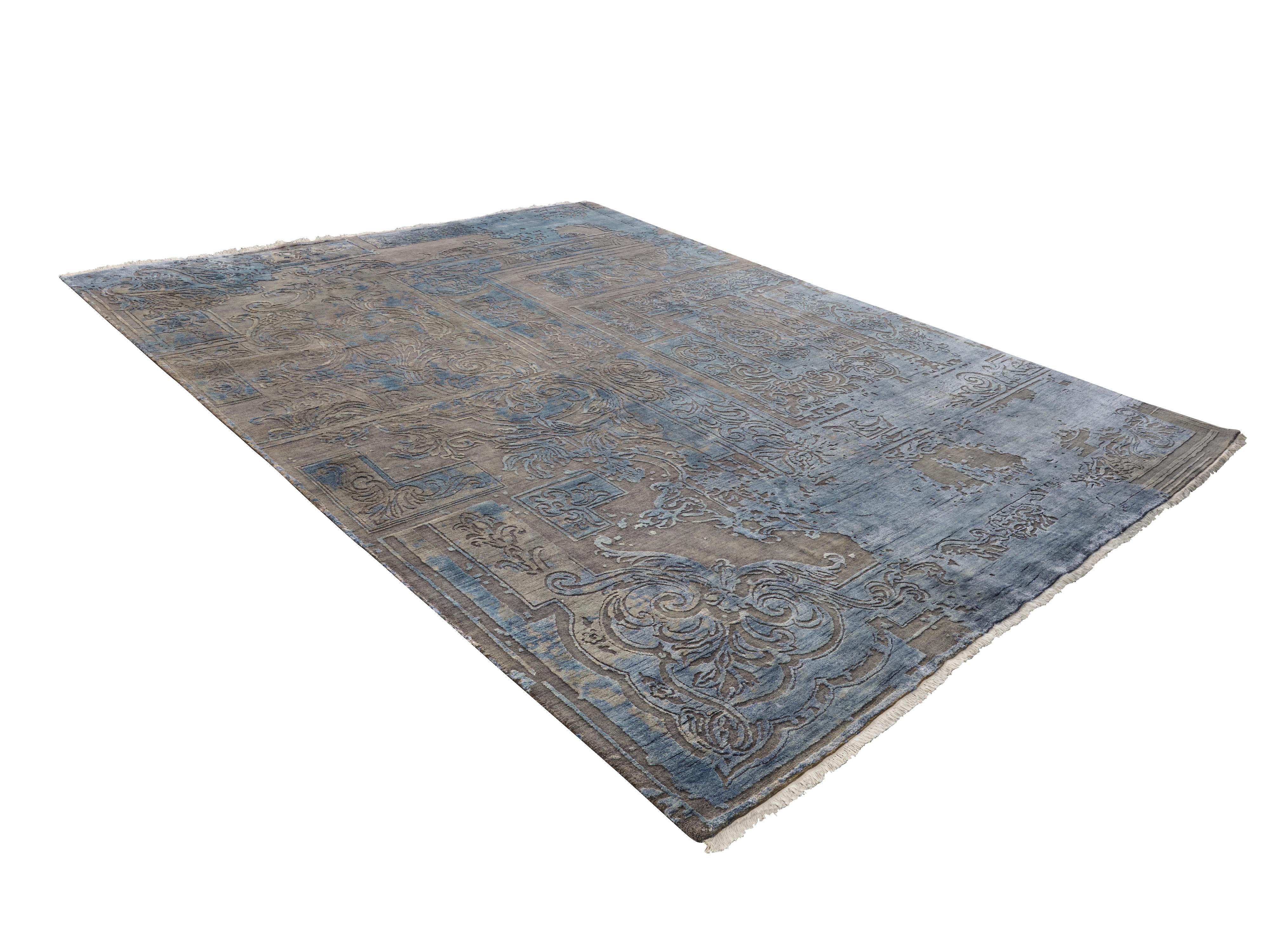 FABULEUX Hand Knotted French Rococo Inspired Rug, Blue & Taupe Colours by Hands In New Condition For Sale In New Delhi, IN