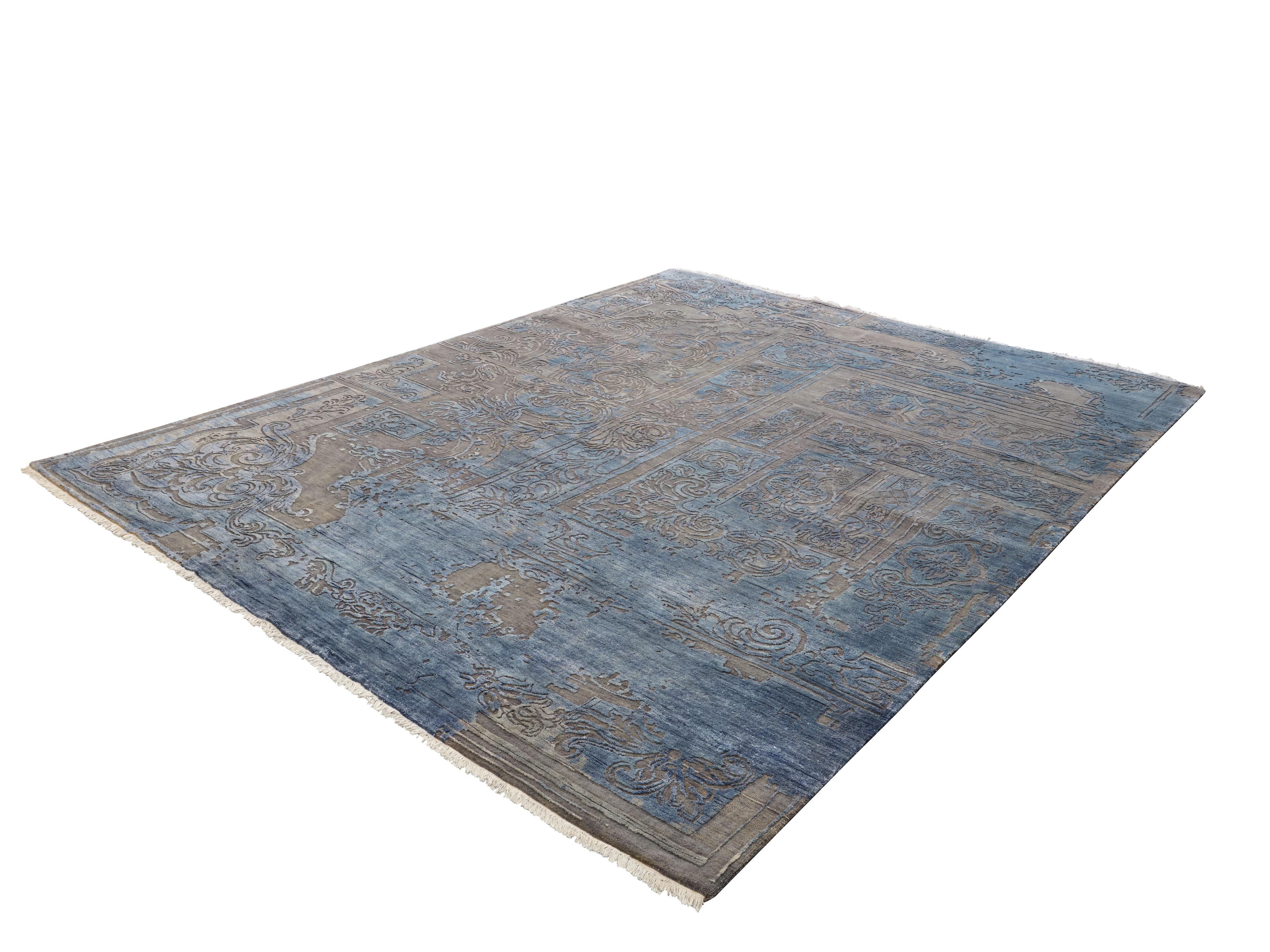 Contemporary FABULEUX Hand Knotted French Rococo Inspired Rug, Blue & Taupe Colours by Hands For Sale