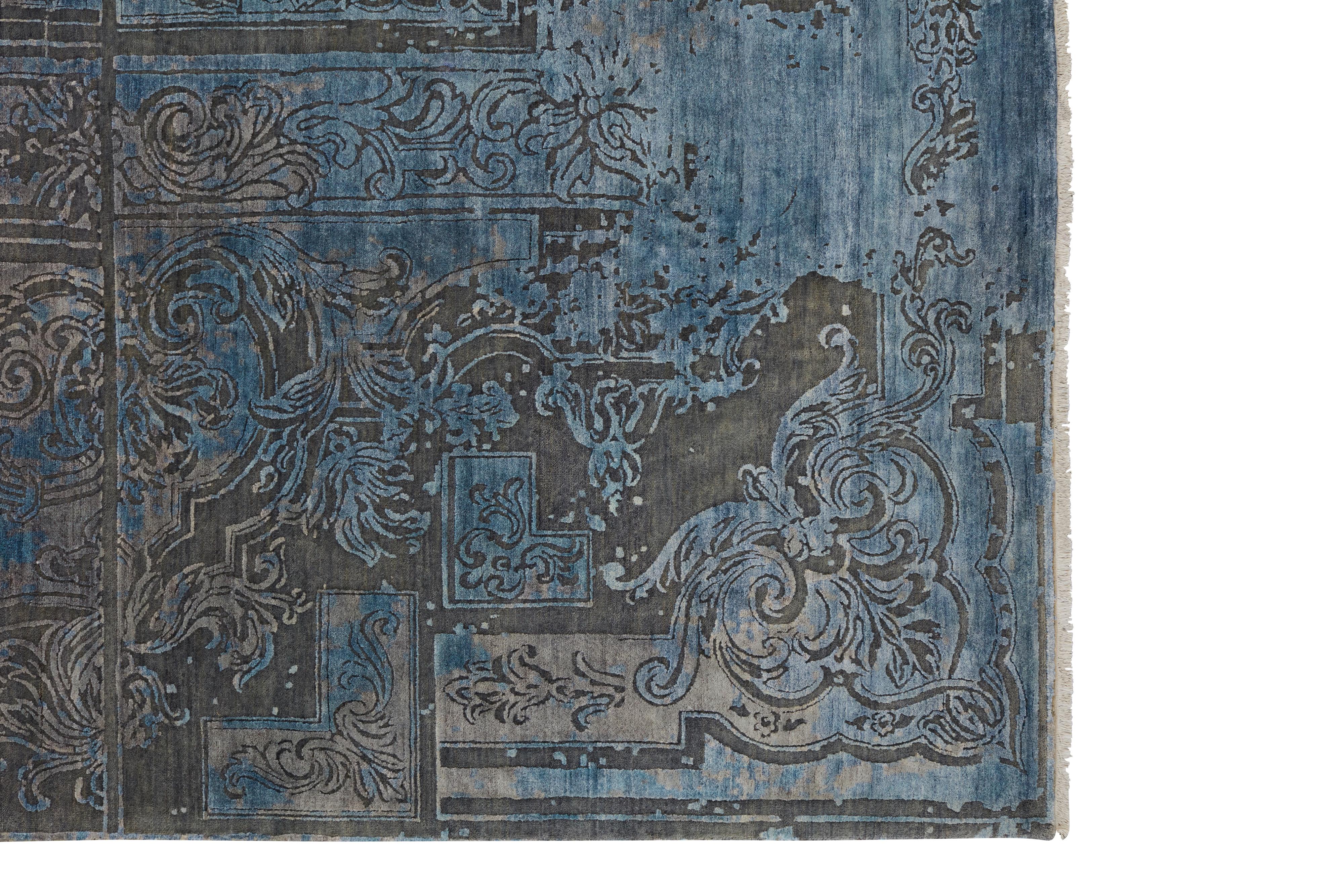 Wool FABULEUX Hand Knotted French Rococo Inspired Rug, Blue & Taupe Colours by Hands For Sale