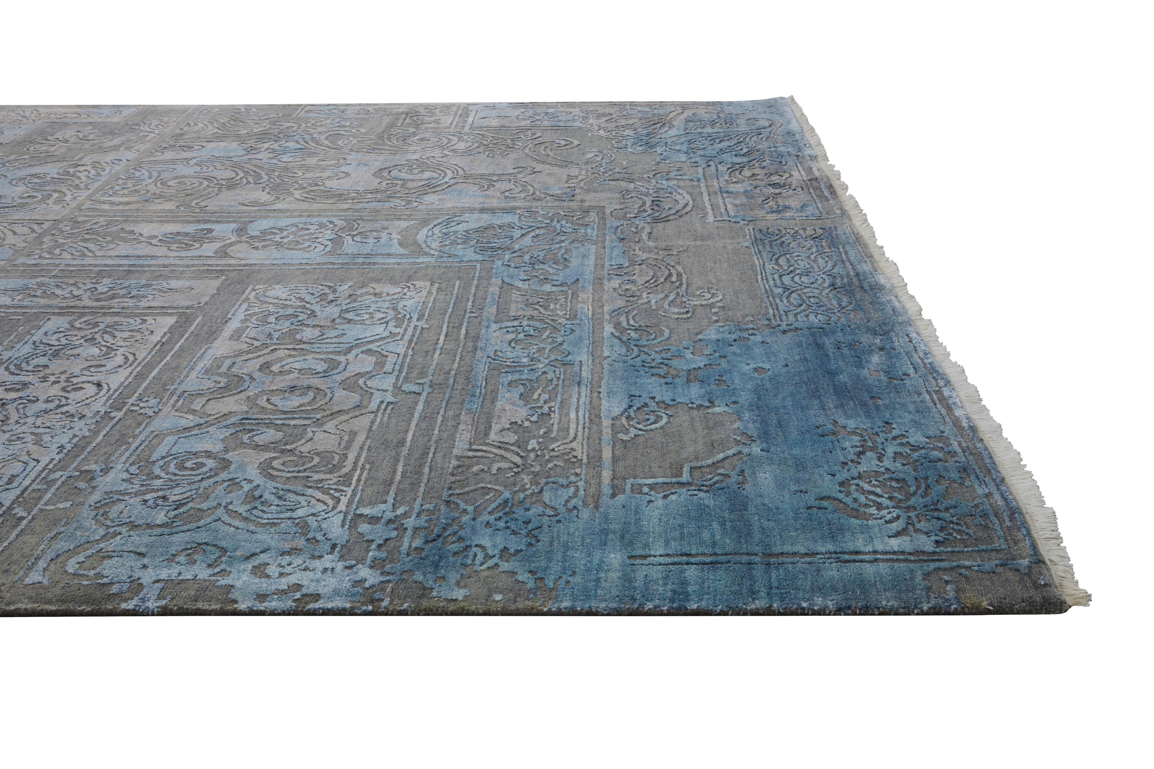FABULEUX Hand Knotted French Rococo Inspired Rug, Blue & Taupe Colours by Hands For Sale 2
