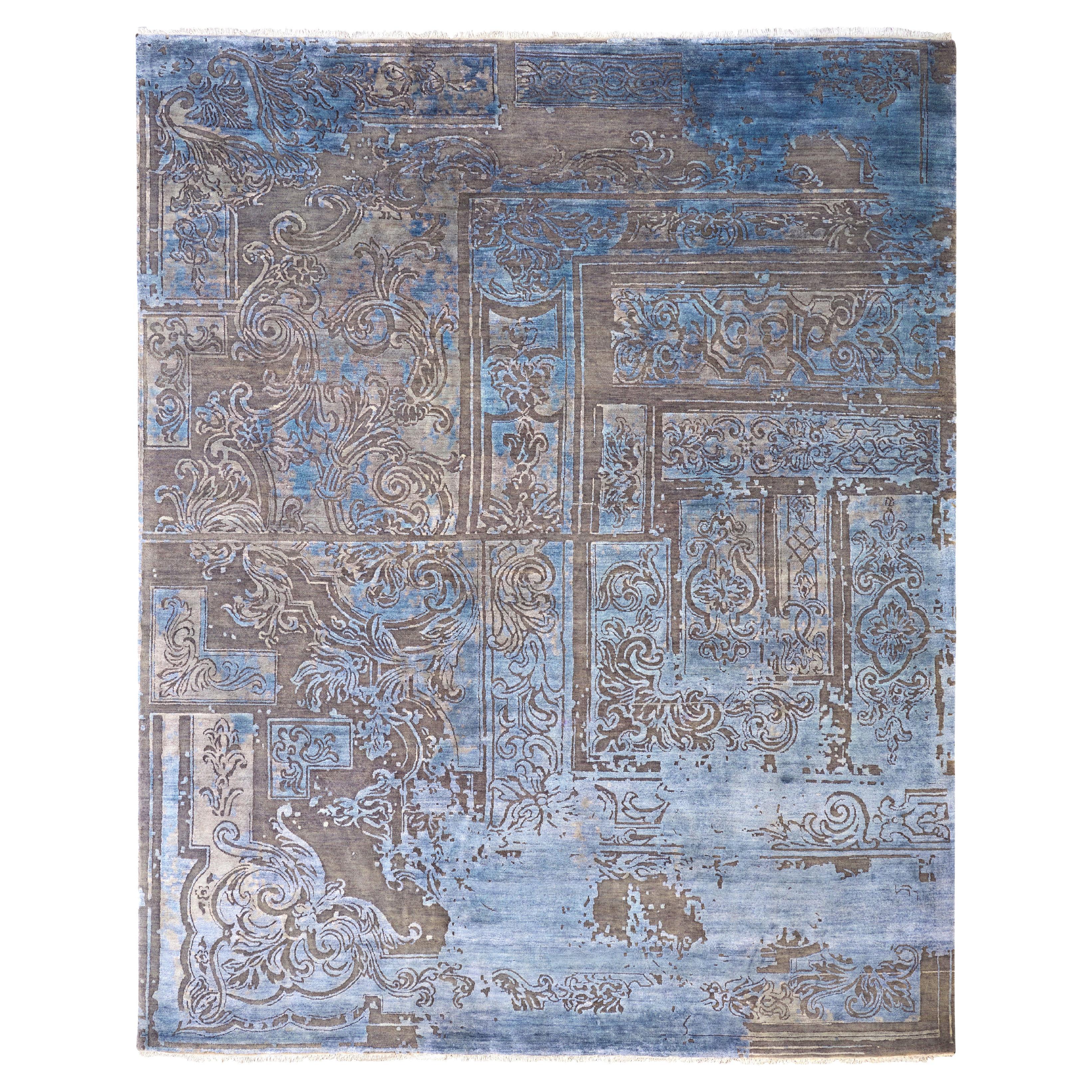 FABULEUX Hand Knotted French Rococo Inspired Rug, Blue & Taupe Colours by Hands For Sale