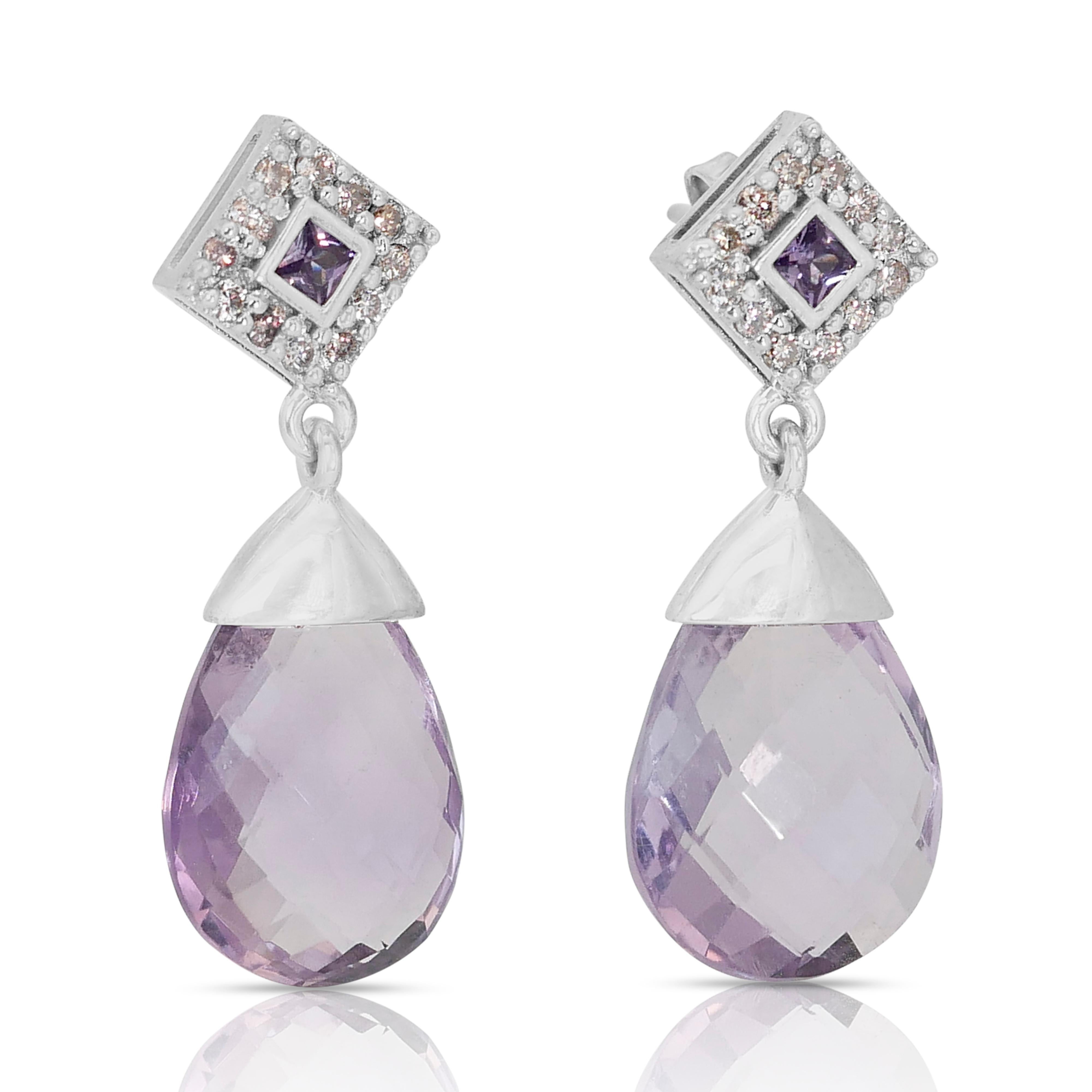 Brilliant Cut Fabulous 14k White Gold Amethyst and Diamond Dangle Earrings w/17.60 ct - AIG  For Sale
