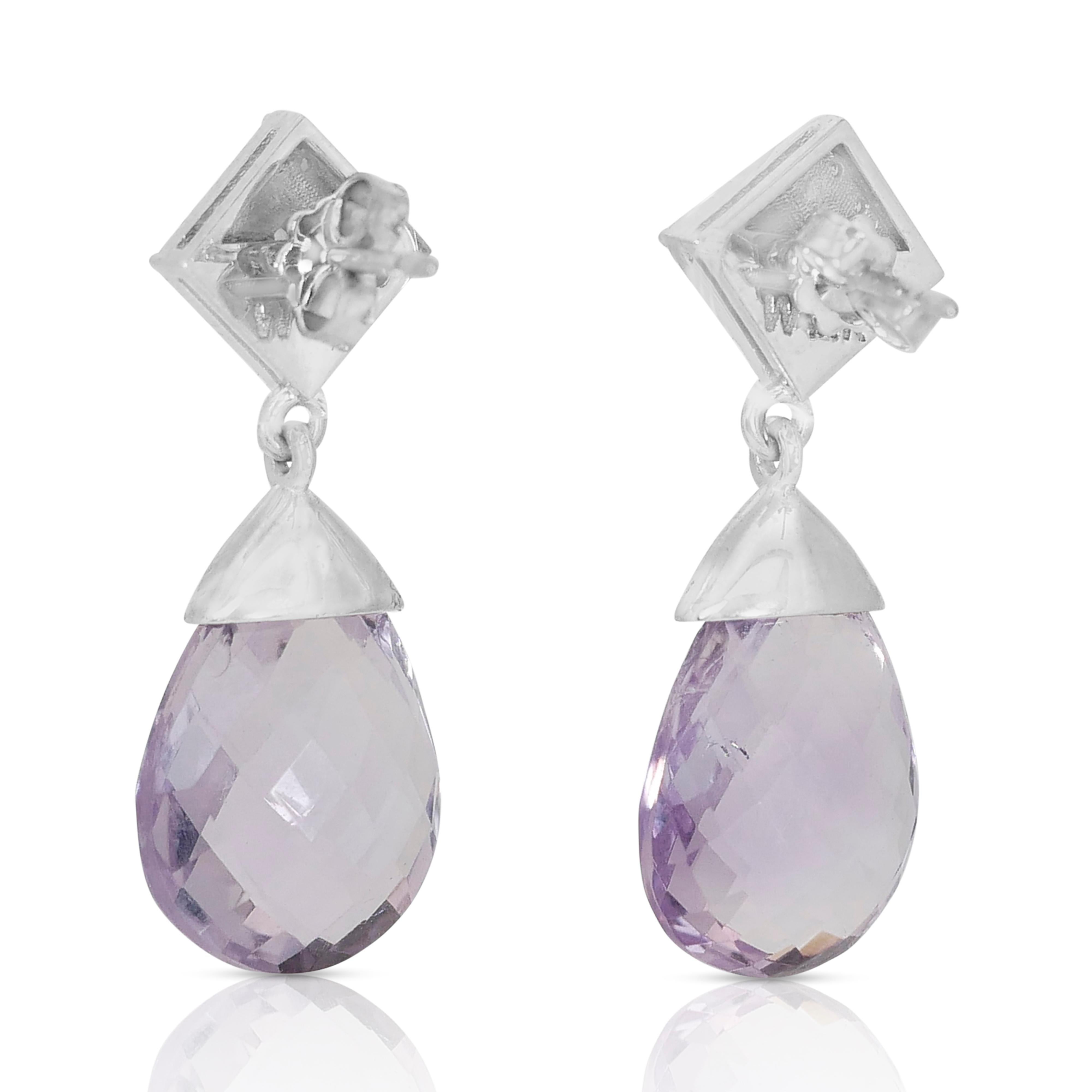 Fabulous 14k White Gold Amethyst and Diamond Dangle Earrings w/17.60 ct - AIG  In New Condition For Sale In רמת גן, IL