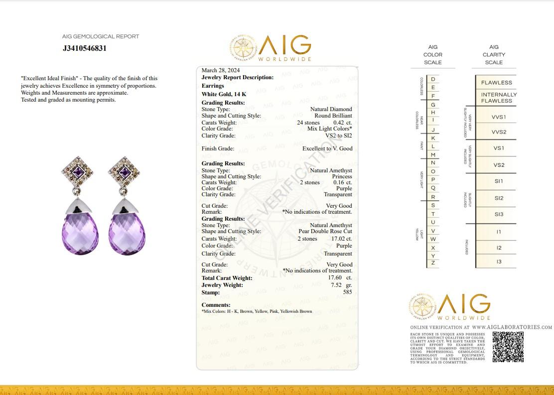 Women's Fabulous 14k White Gold Amethyst and Diamond Dangle Earrings w/17.60 ct - AIG  For Sale
