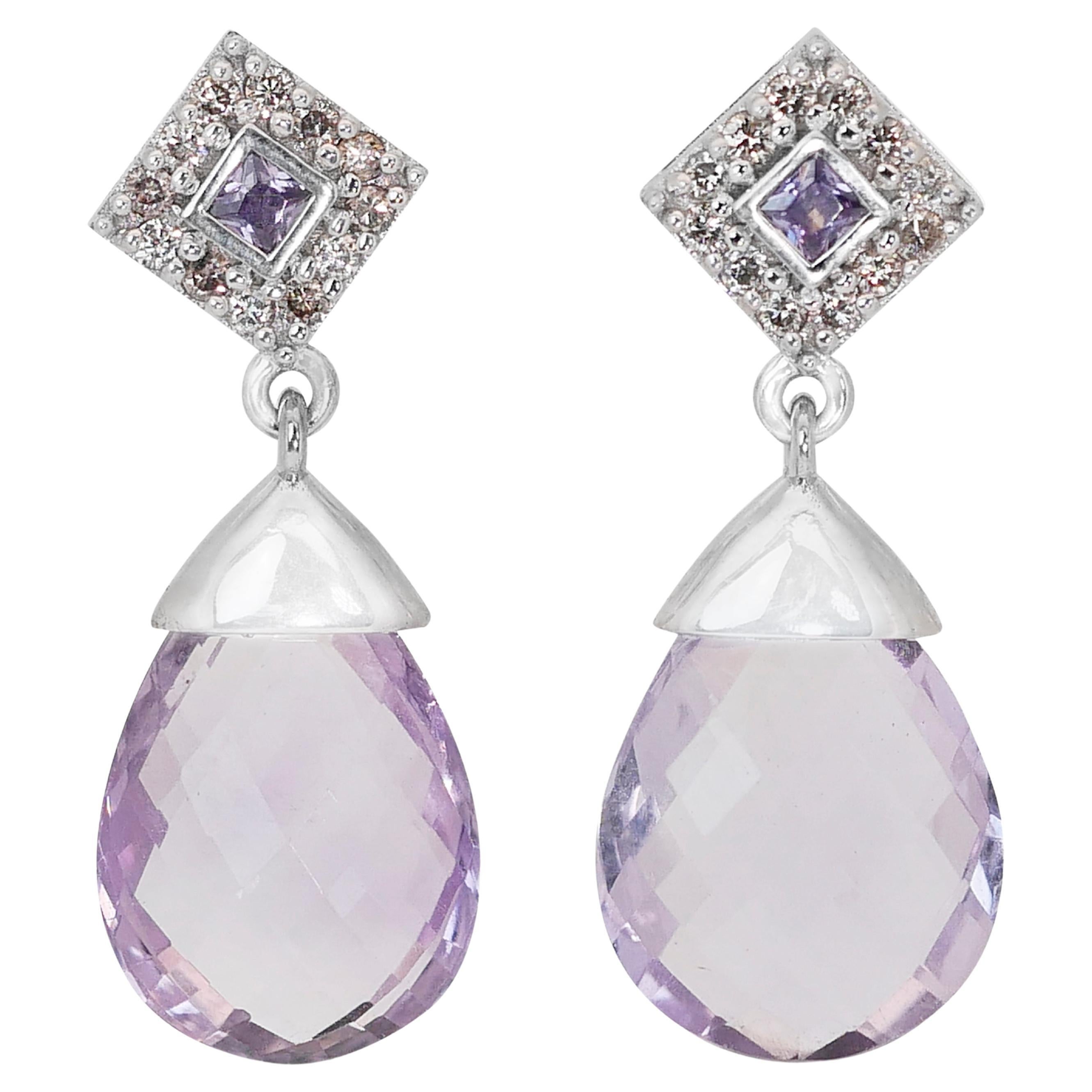 Fabulous 14k White Gold Amethyst and Diamond Dangle Earrings w/17.60 ct - AIG  For Sale