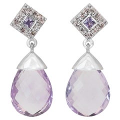 Fabuleuses boucles d'oreilles pendantes en or blanc 14 carats avec améthyste et diamants/17,60 ct - AIG 