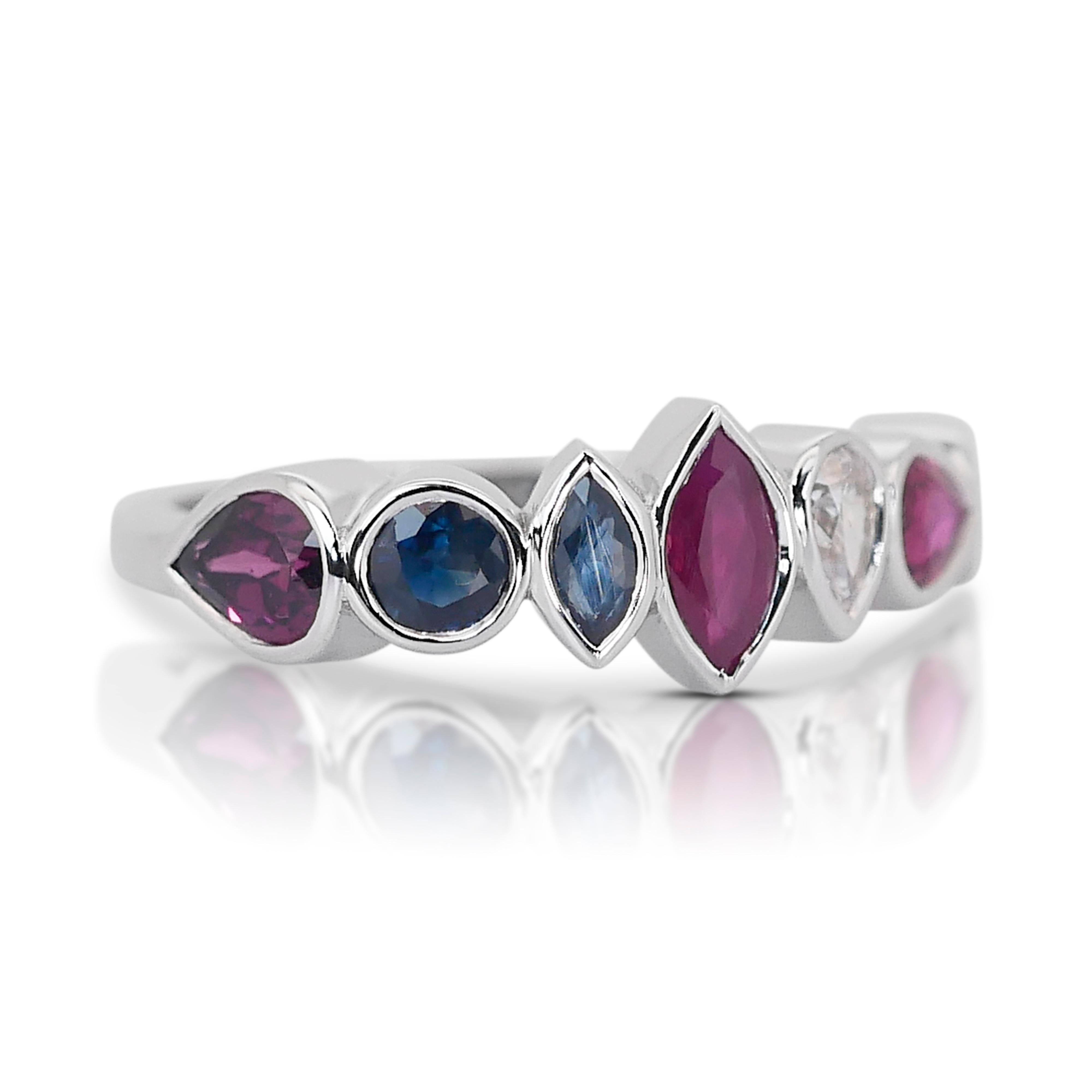 Mixed Cut Fabulous 14k White Gold Ruby, Sapphire and Natural Diamond Ring w/1.47 ct - IGI  For Sale