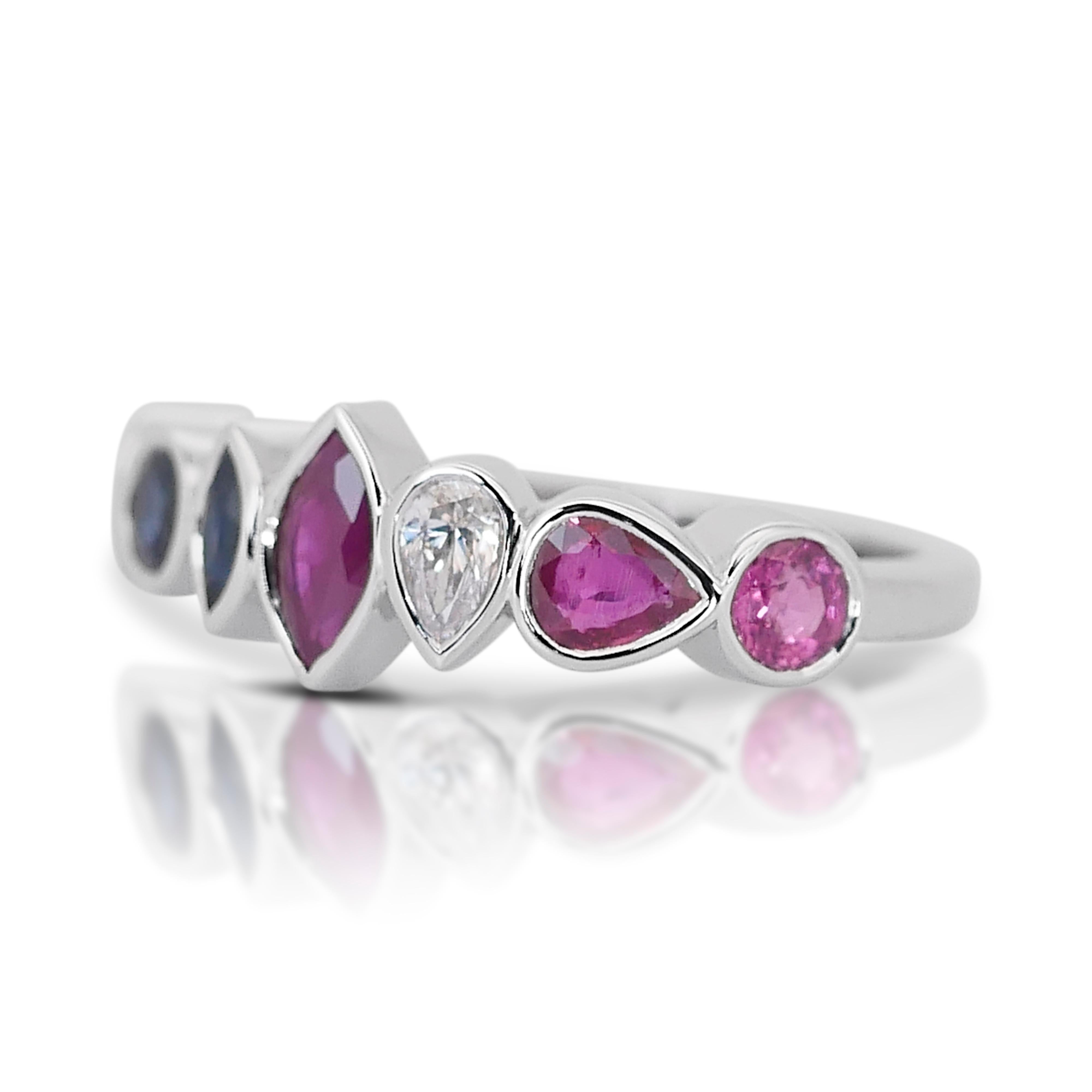 Fabulous 14k White Gold Ruby, Sapphire and Natural Diamond Ring w/1.47 ct - IGI  In New Condition For Sale In רמת גן, IL