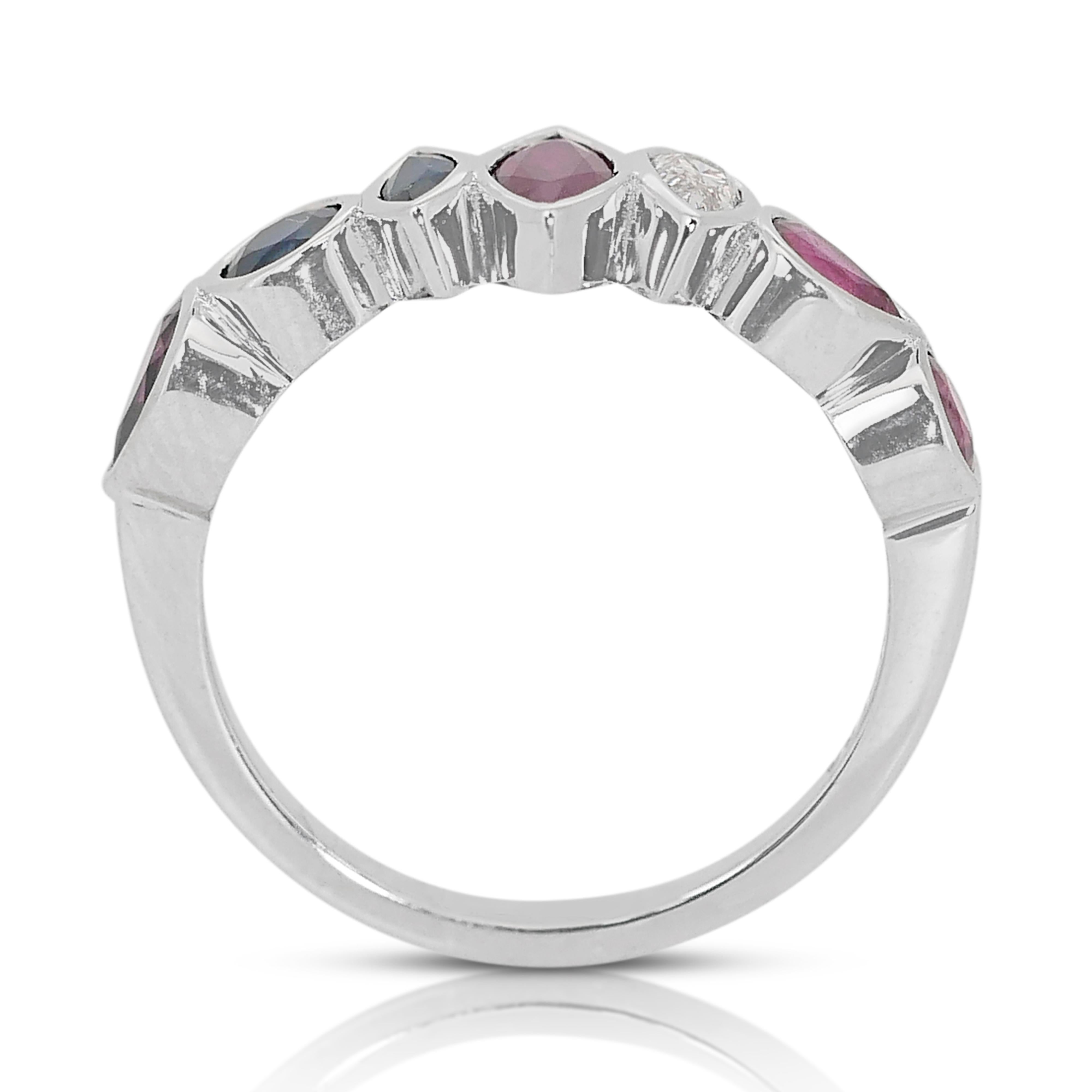 Women's Fabulous 14k White Gold Ruby, Sapphire and Natural Diamond Ring w/1.47 ct - IGI  For Sale