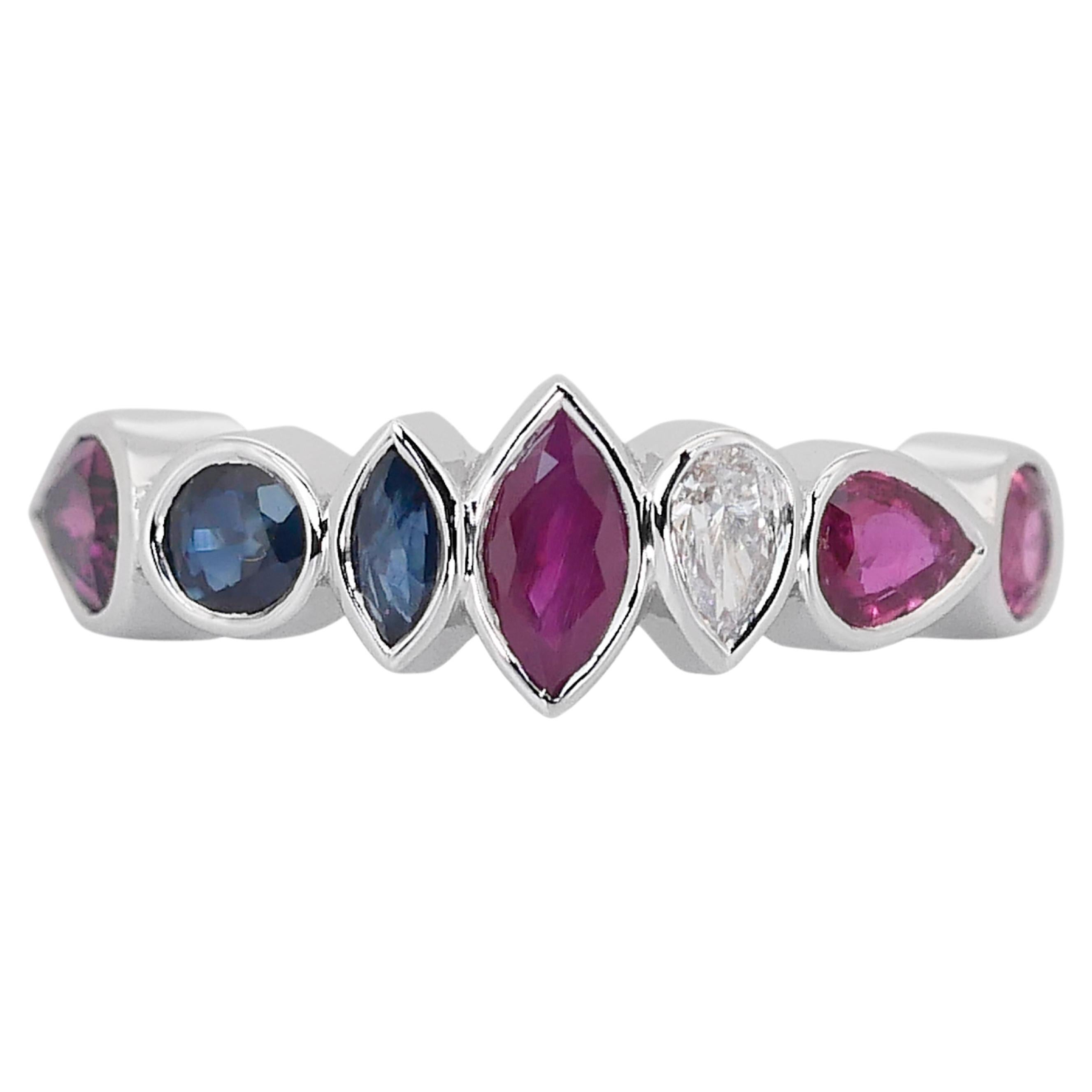 Fabulous 14k White Gold Ruby, Sapphire and Natural Diamond Ring w/1.47 ct - IGI  For Sale