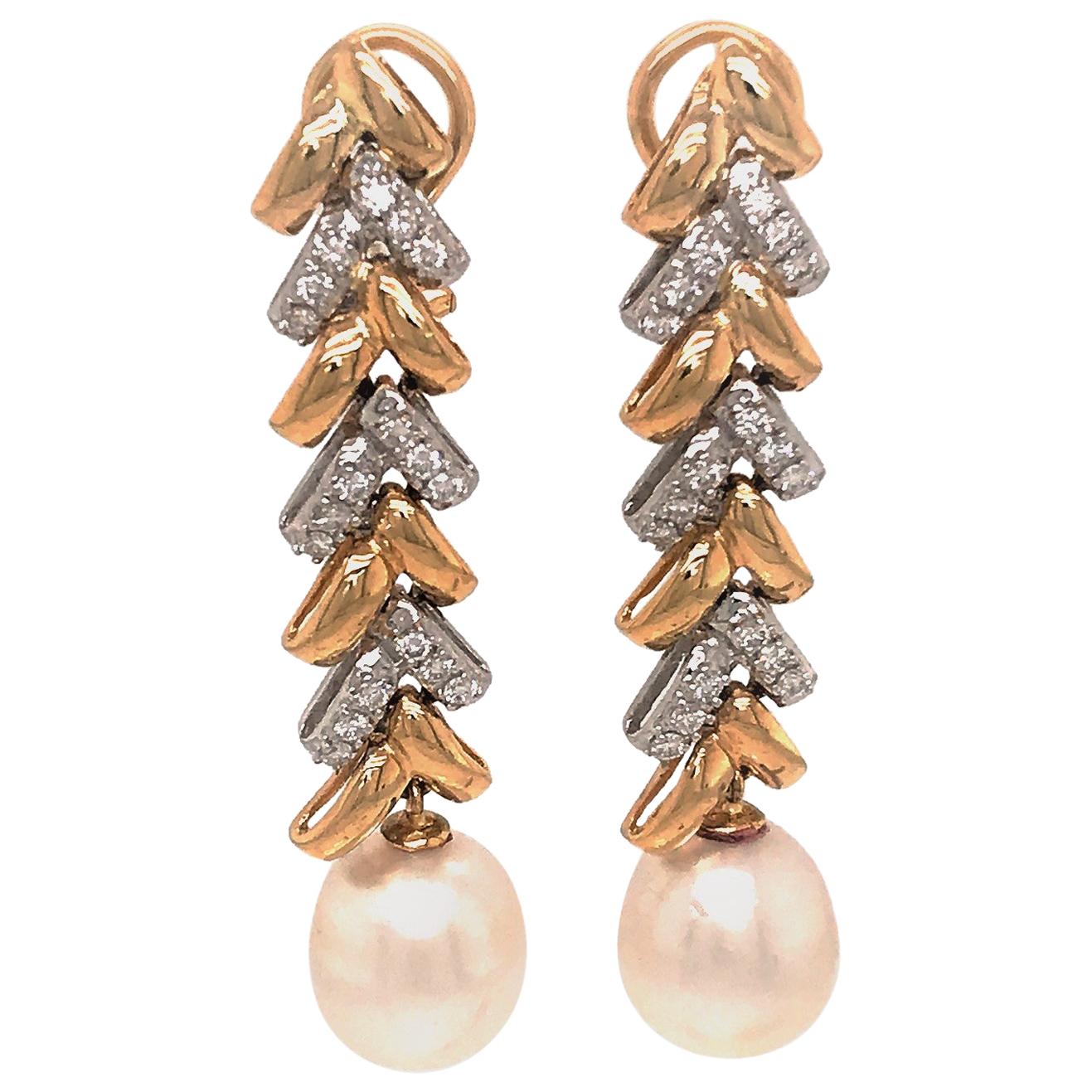 Fabulous 18 Karat Yellow Gold Pearl and Diamond Hanging Earrings For Sale