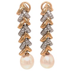 Fabulous 18 Karat Yellow Gold Pearl and Diamond Hanging Earrings