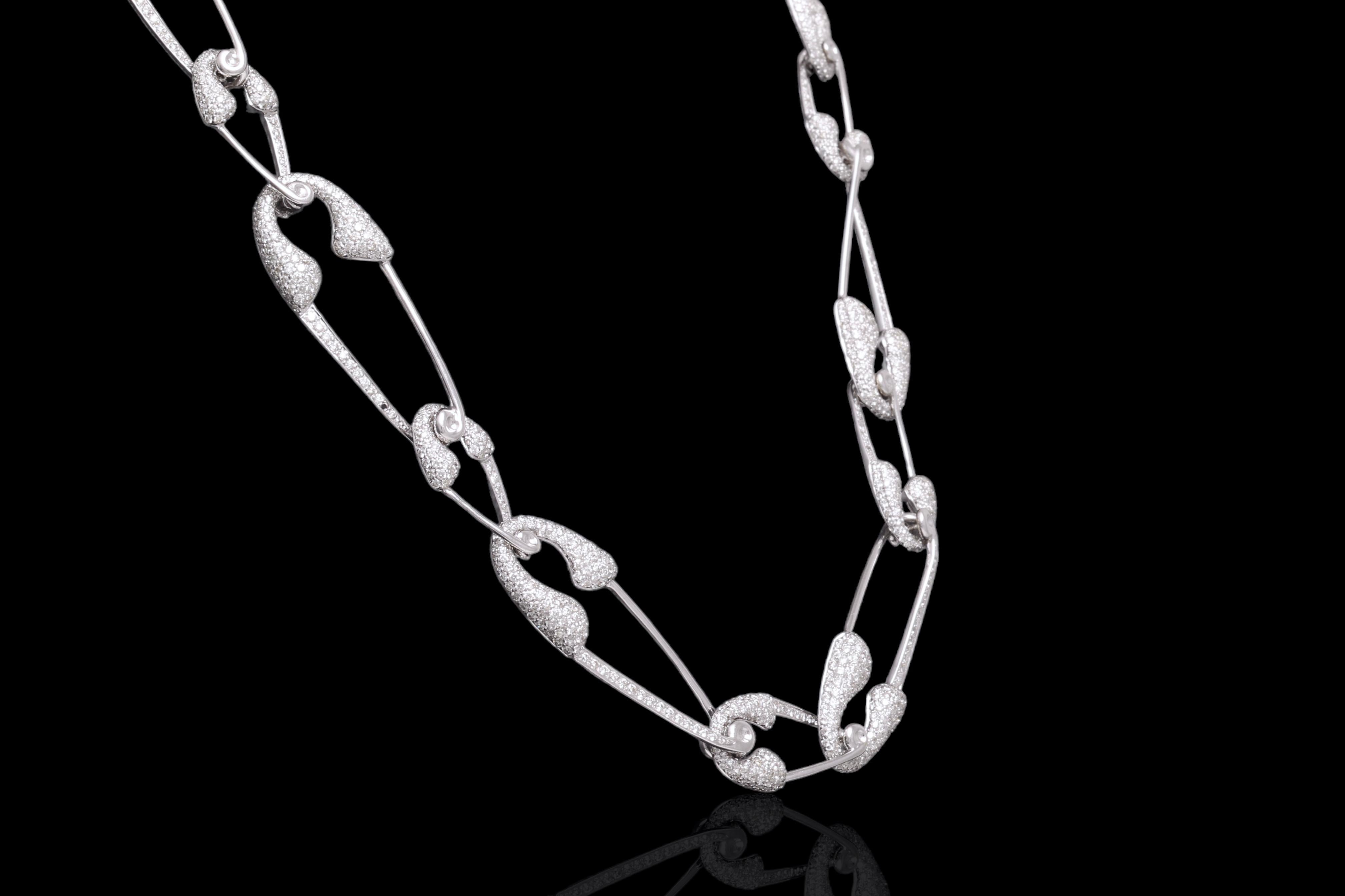 Brilliant Cut Fabulous 18 kt. White Gold Interlocking Safety Pin Necklace With 5.6ct. Diamonds For Sale