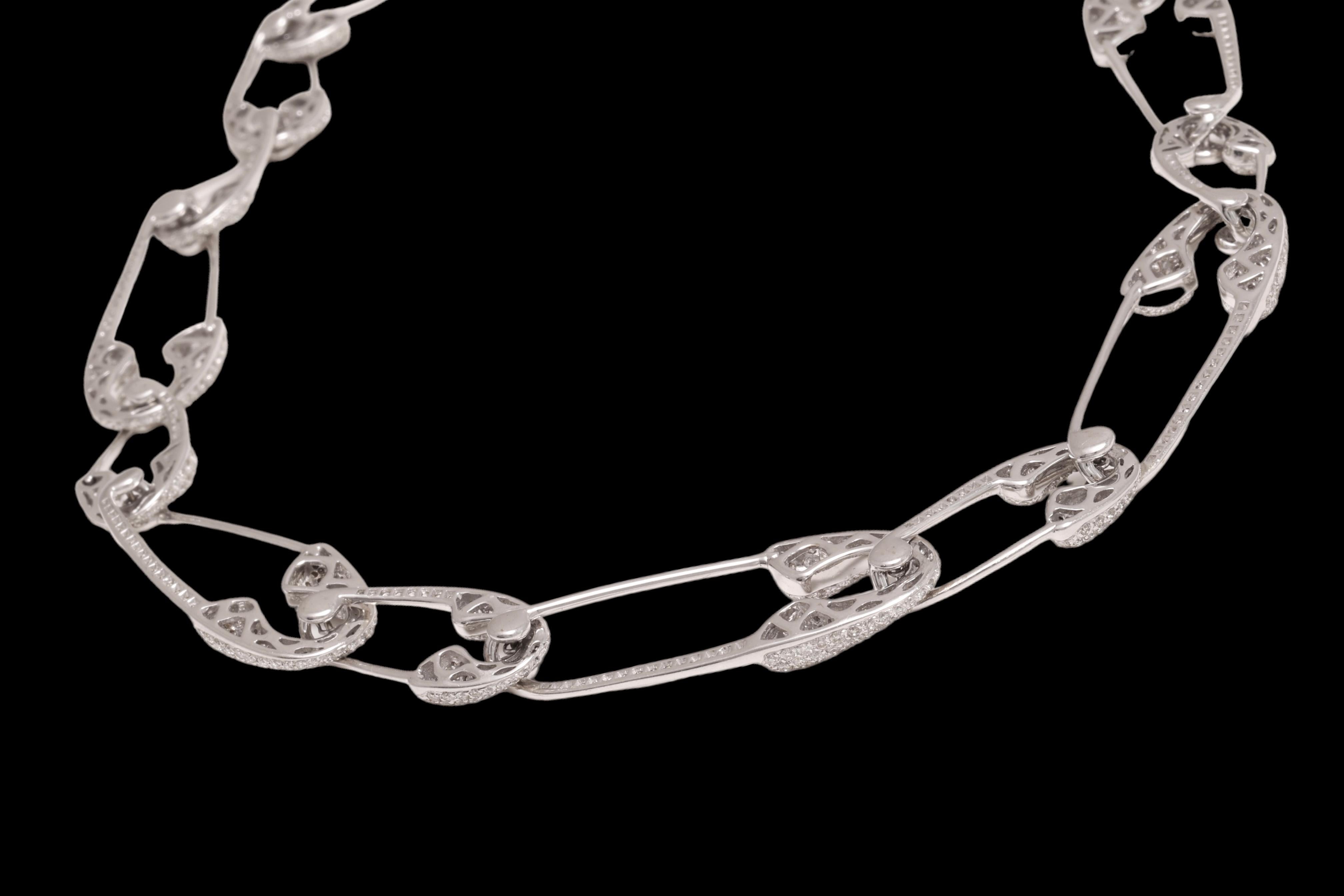 Fabulous 18 kt. White Gold Interlocking Safety Pin Necklace With 5.6ct. Diamonds For Sale 1