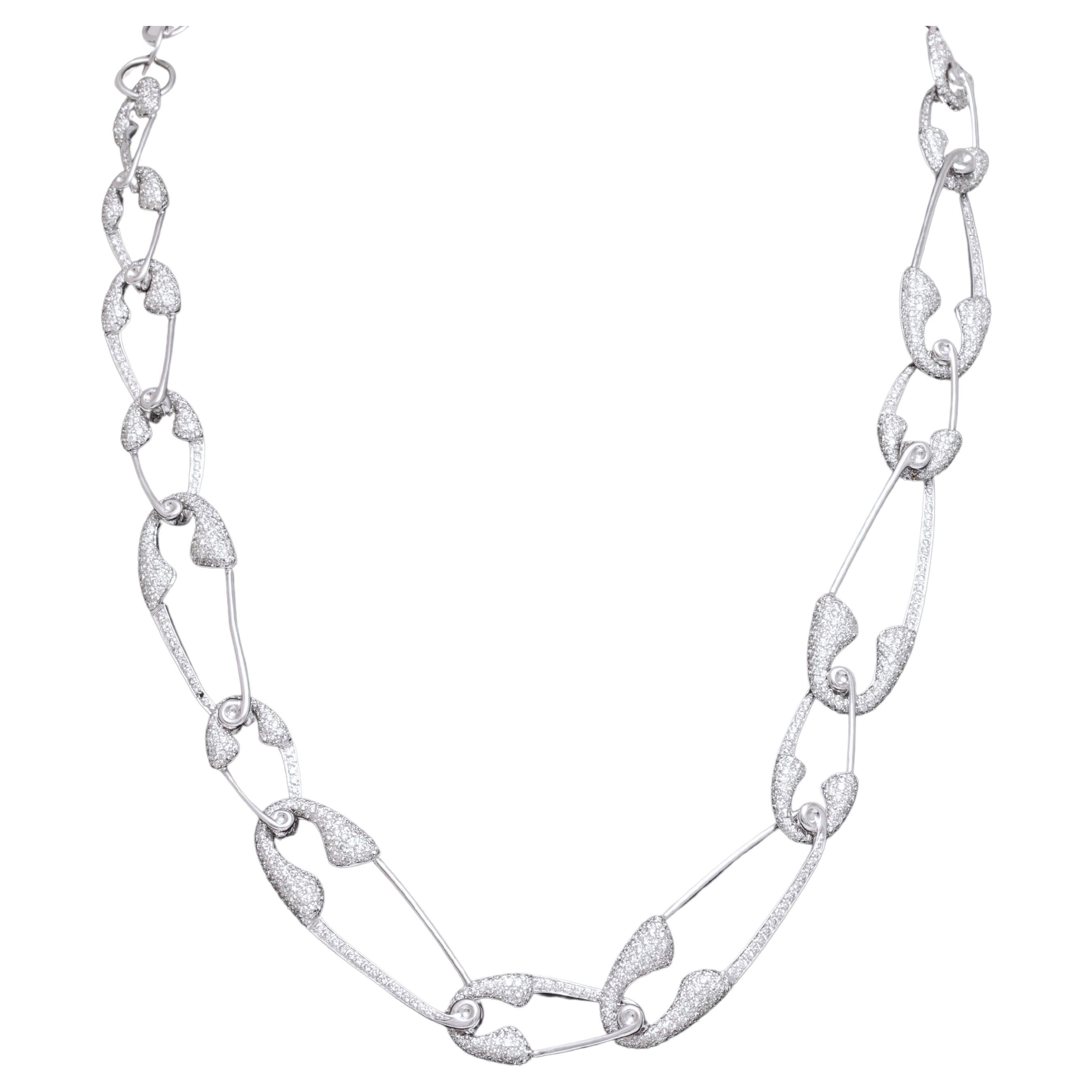 Fabulous 18 kt. White Gold Interlocking Safety Pin Necklace With 5.6ct. Diamonds For Sale