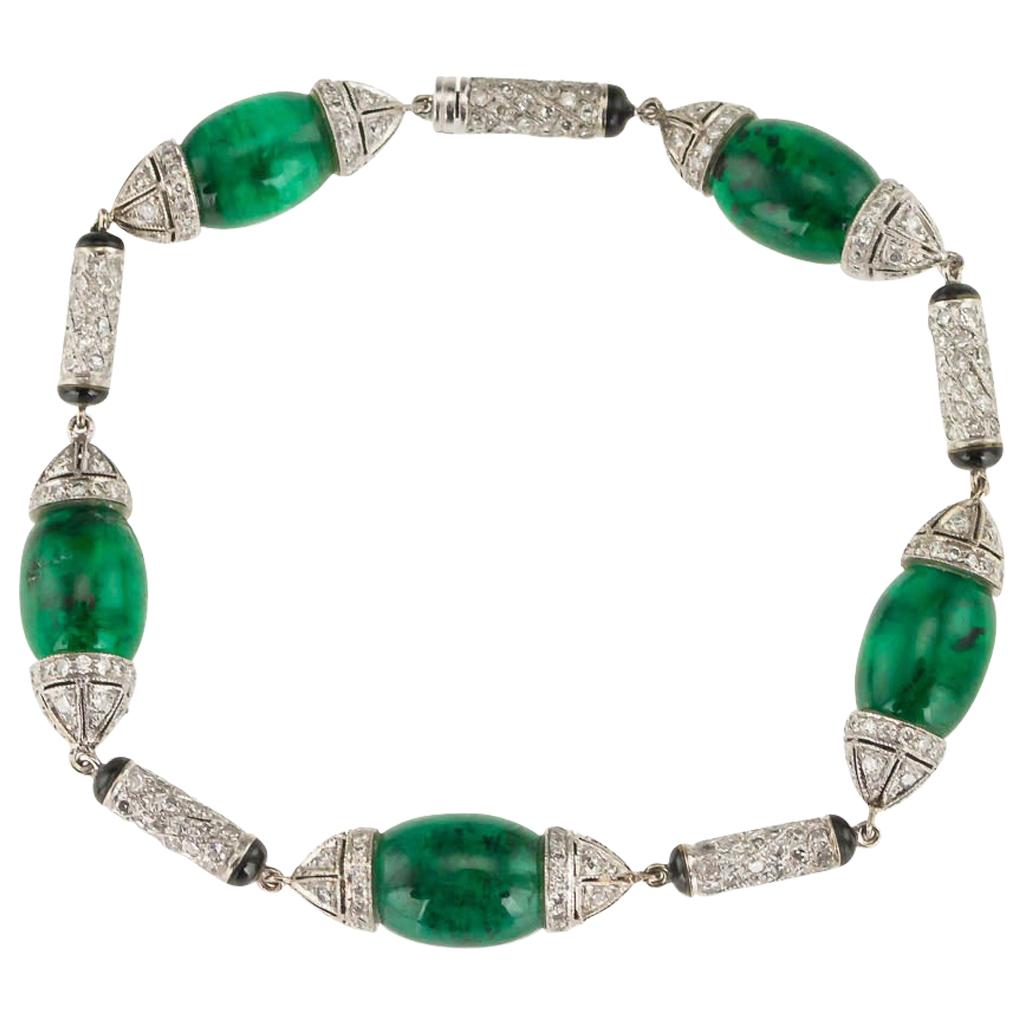 Fabulous 18K White Gold Emerald Diamond Onyx Set Bracelet For Sale
