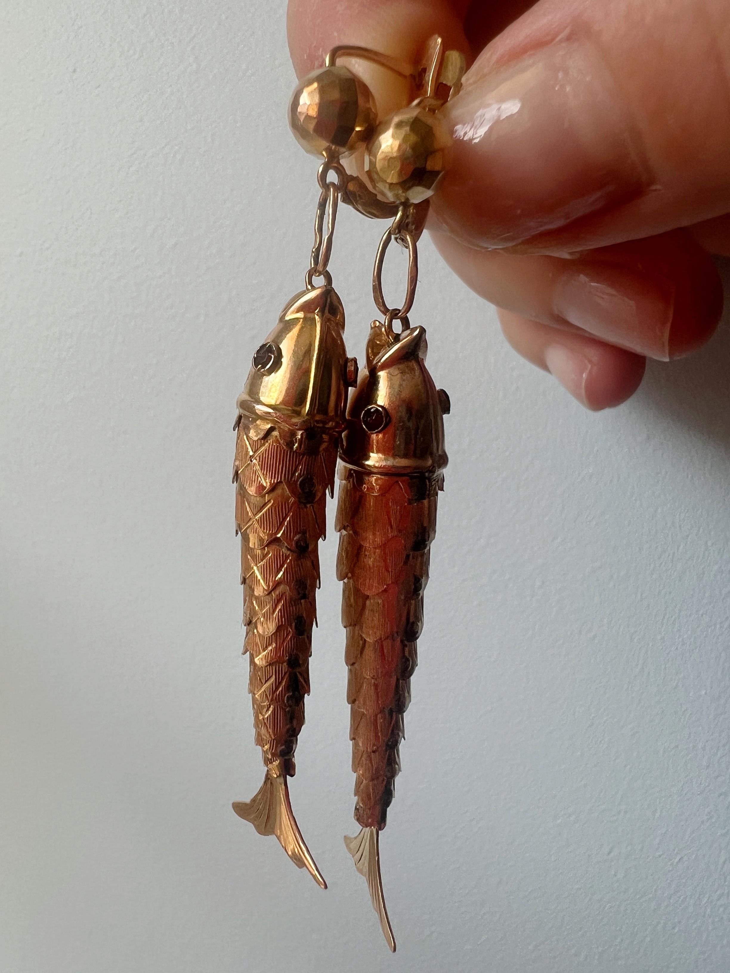 Art Nouveau Fabulous 18K Yellow Gold Articulated Carp Fish Earrings