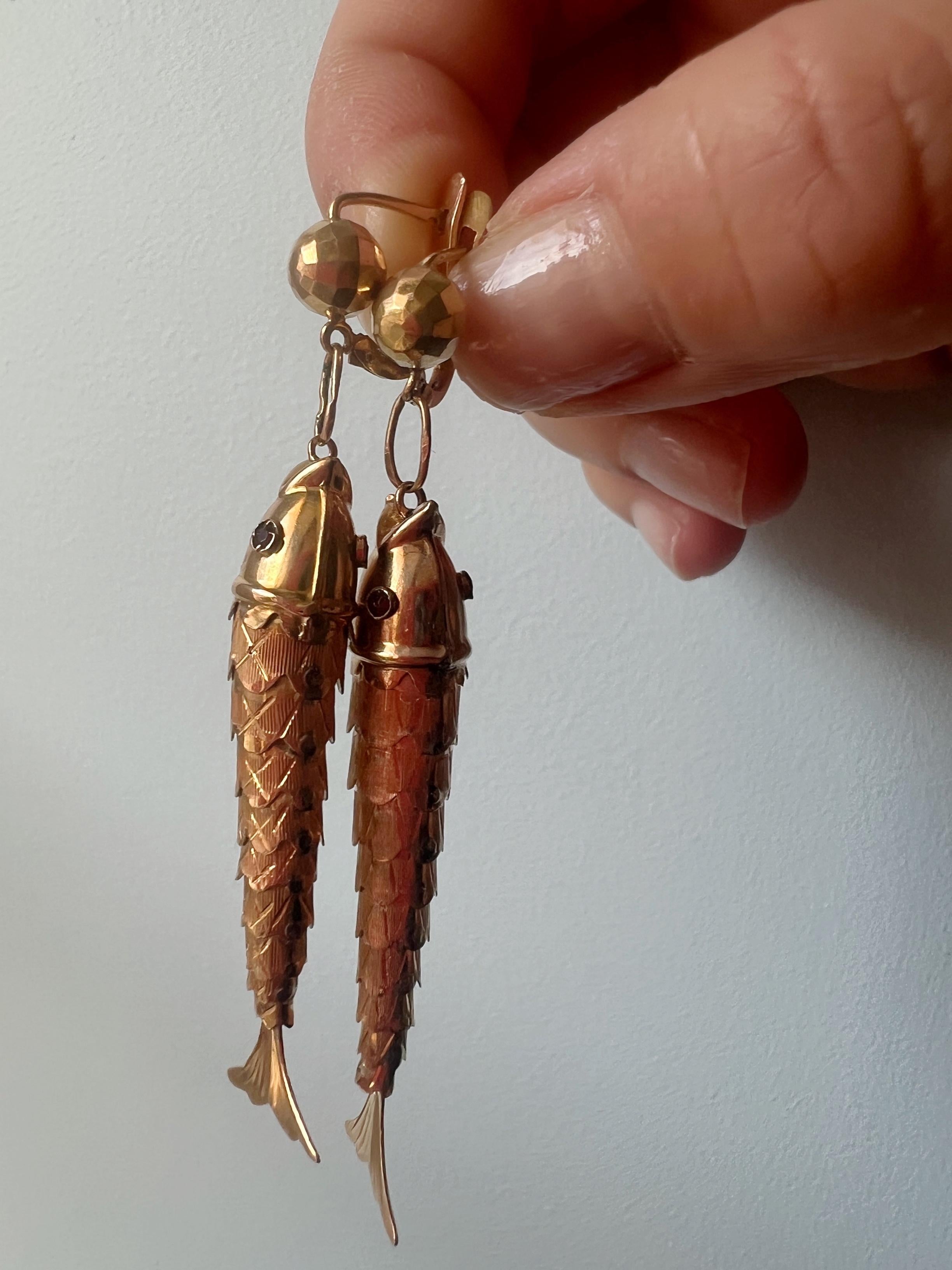 Fabulous 18K Yellow Gold Articulated Carp Fish Earrings 1