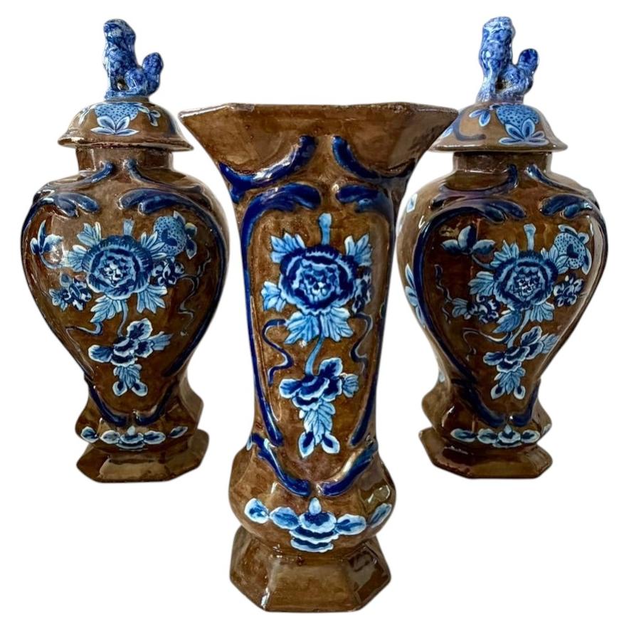 Fabulous 18th Century Delft Garniture Set by De Porceleyne Biyl For Sale
