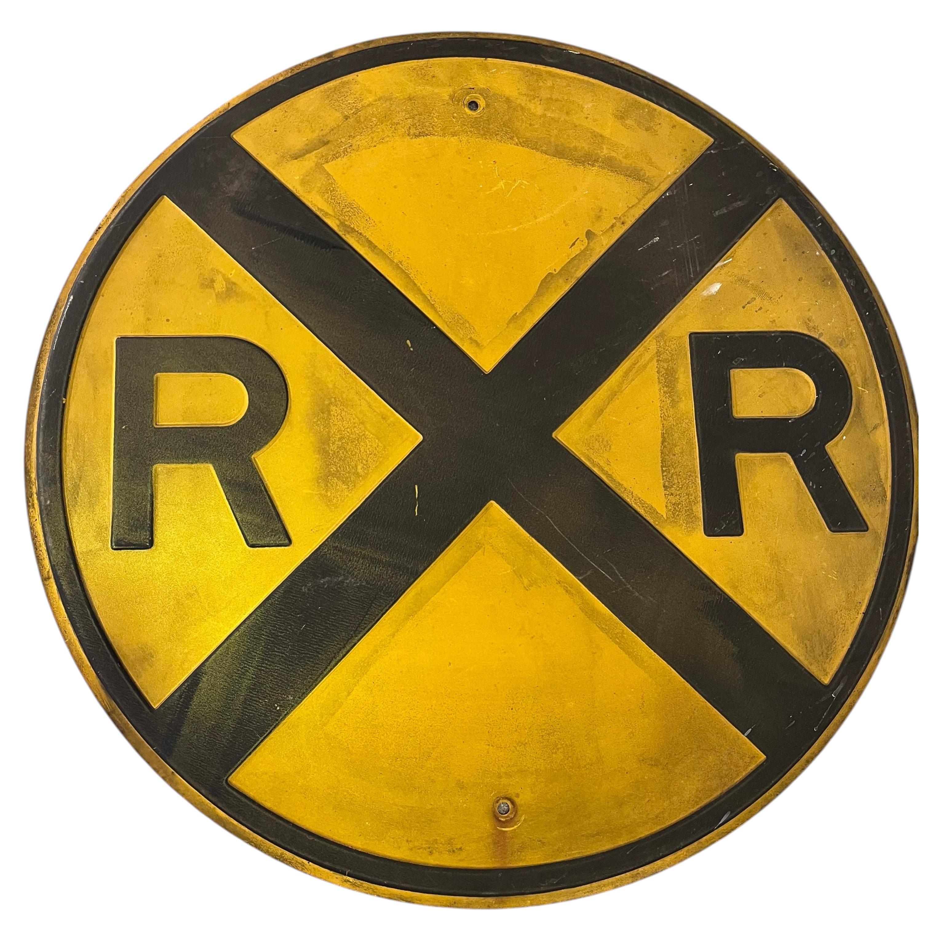 1950s American Decommissioned Steel Yellow Railroad Crossing Train Sign 30" For Sale