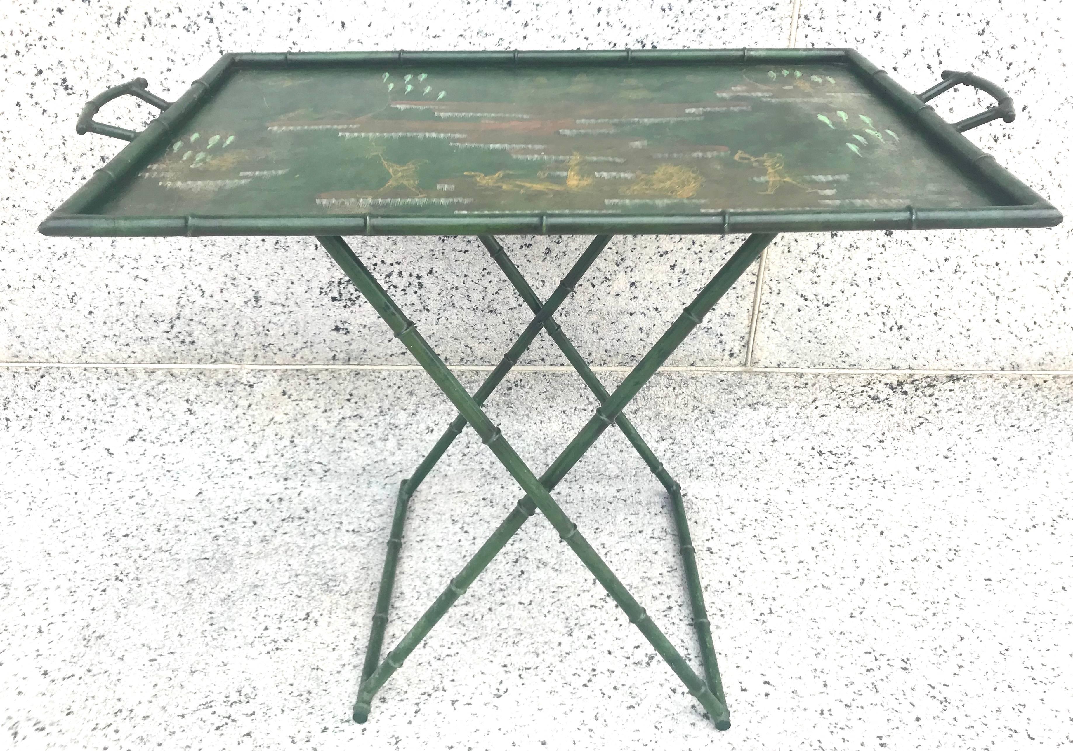Fabulous 1950s Italian Chinoiserie Tole Faux Bamboo Tray on Stand For Sale 3