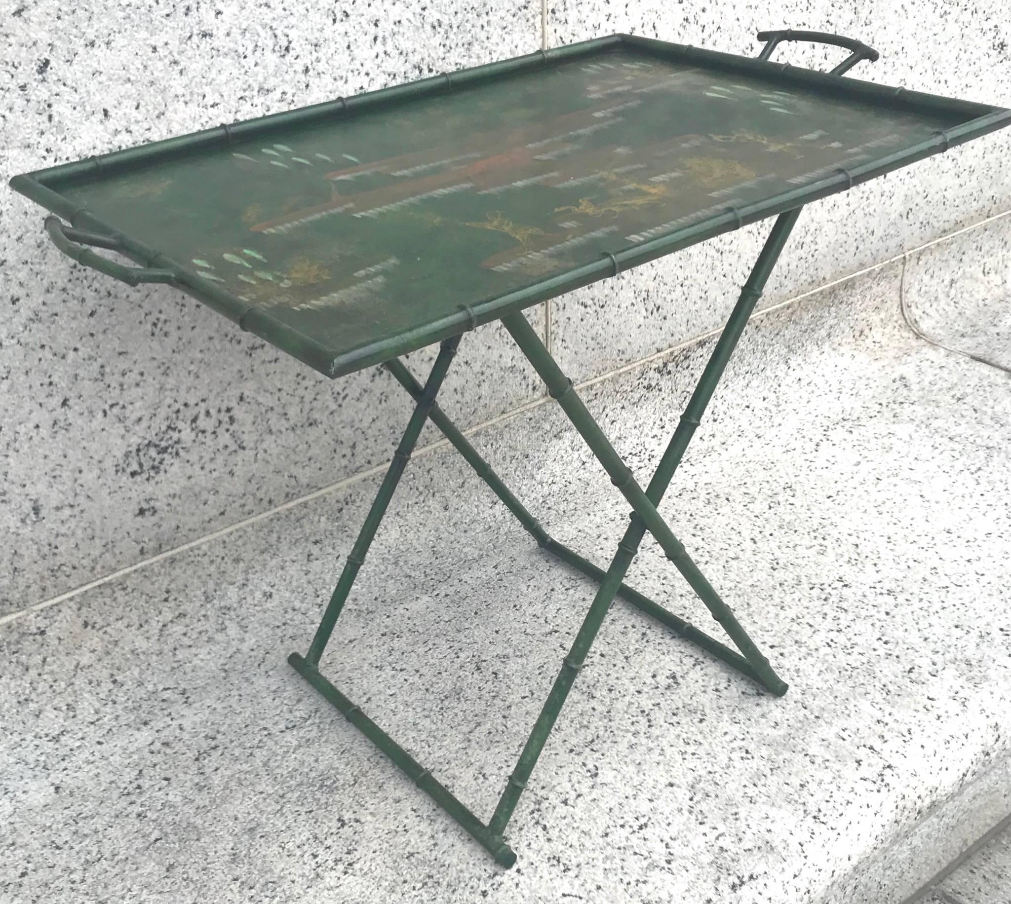 Fabulous 1950s Italian Chinoiserie Tole Faux Bamboo Tray on Stand For Sale 4