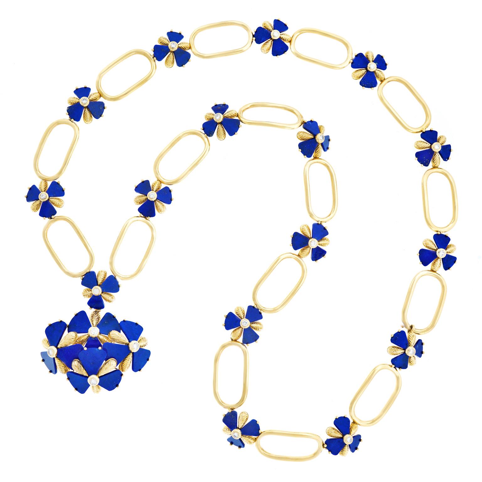 Fabulous 1960s Pop Art Lapis and Diamond Set Gold Necklace 3