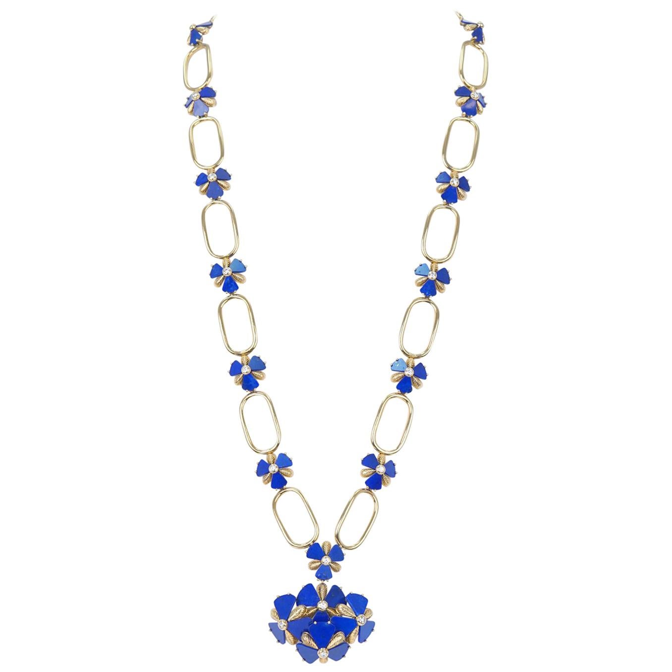 Fabulous 1960s Pop Art Lapis and Diamond Set Gold Necklace