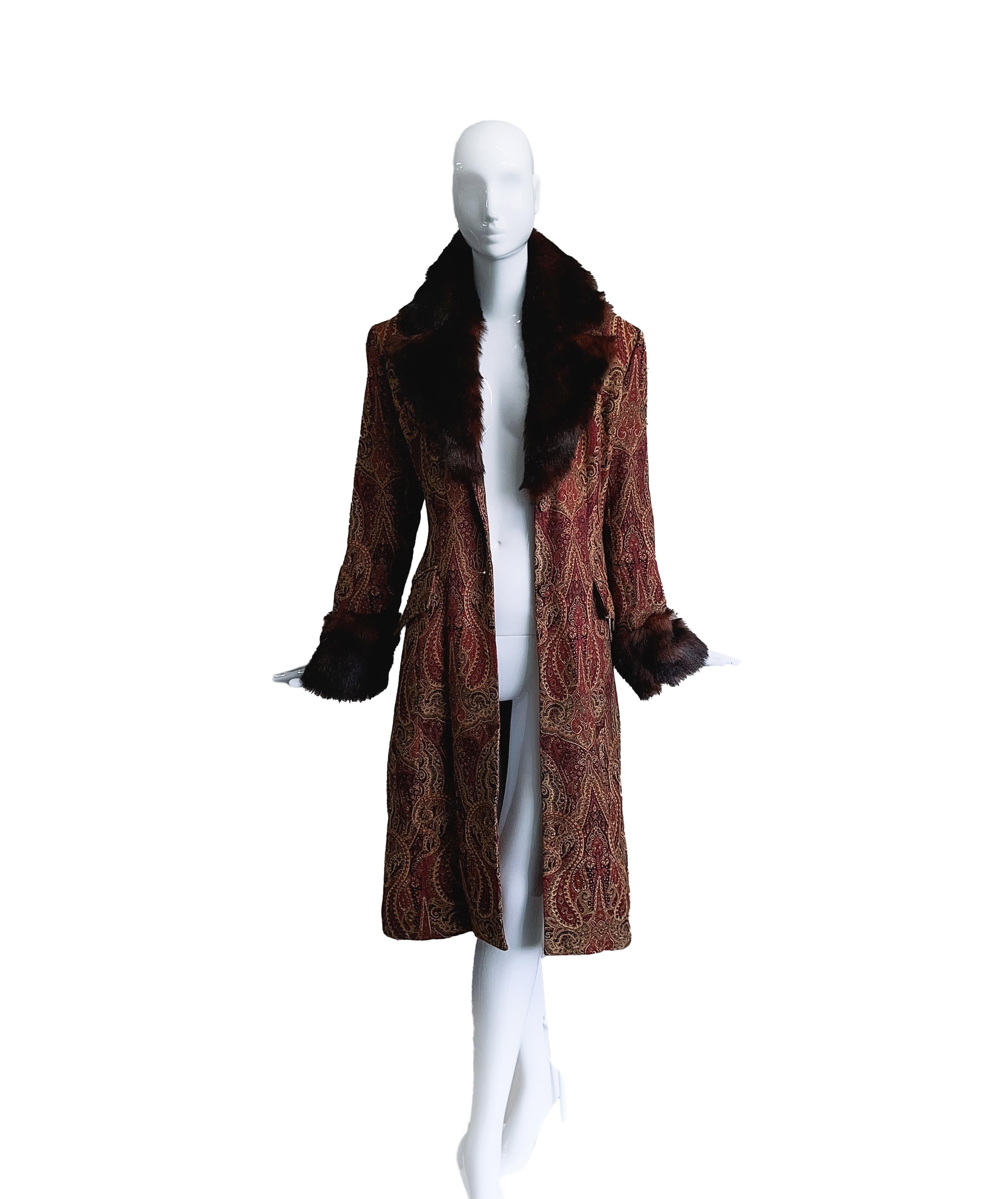 Black Fabulous 1970s Coat  70s 60s Faux Fur Brocade Luxury Vintage Jacket Penny Lane For Sale