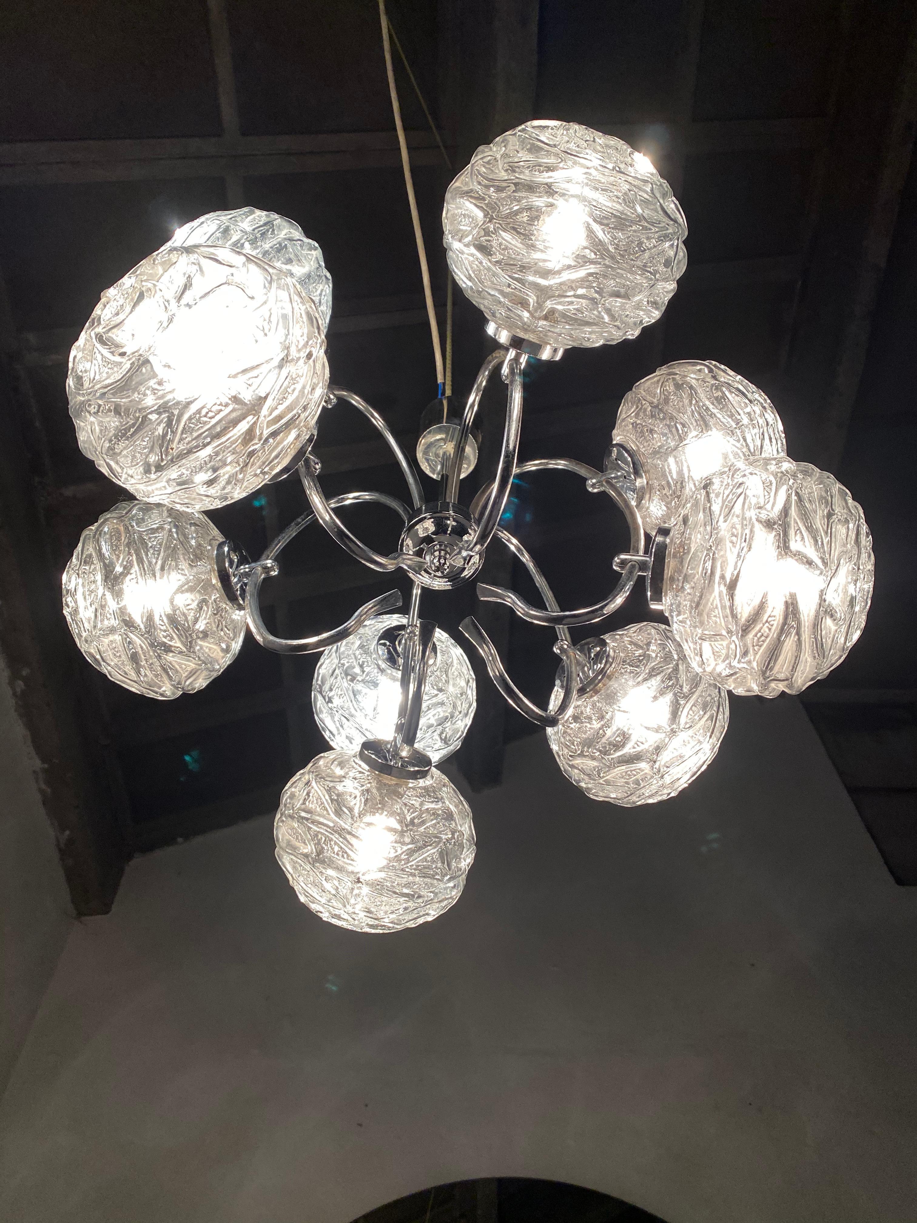 Fabulous 1970s Space Age 9 Glass Spheres and Chrome Chandelier, Germany In Good Condition For Sale In Bergen op Zoom, NL