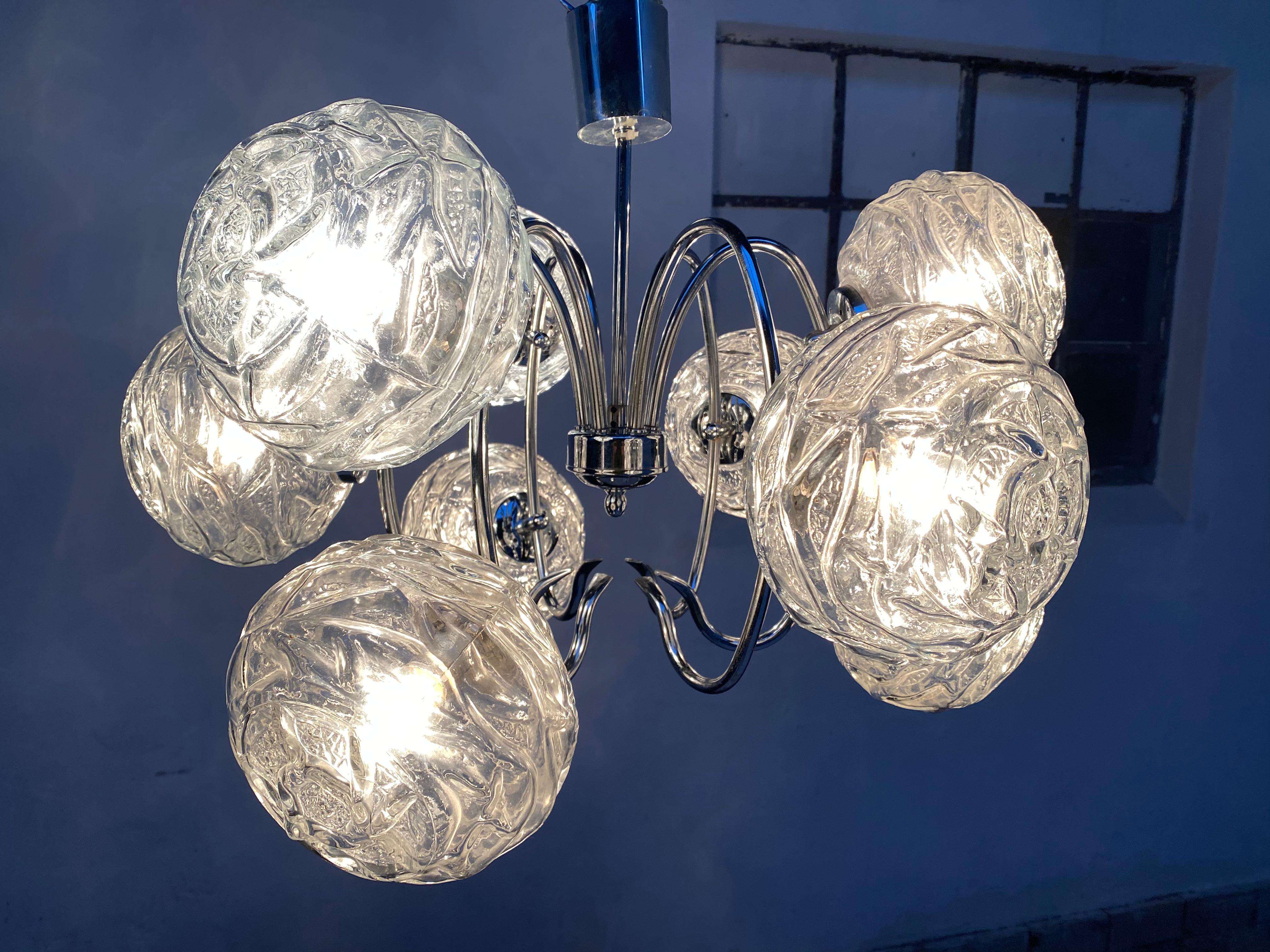Fabulous 1970s Space Age 9 Glass Spheres and Chrome Chandelier, Germany For Sale 1
