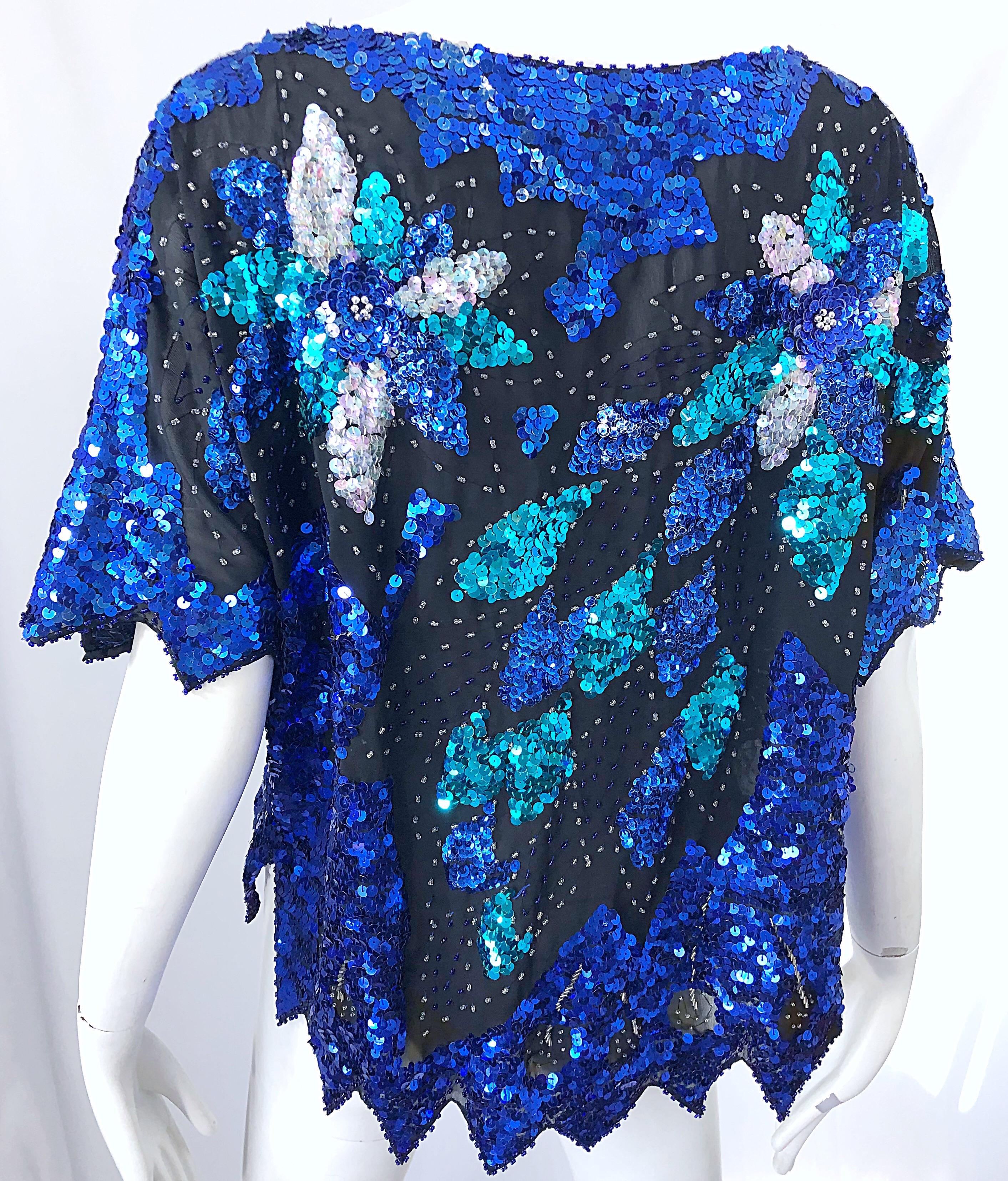 Fabulous 1980s Large Size Blue Turquoise Silver Sequin Silk Blouse Top 80s Shirt For Sale 2