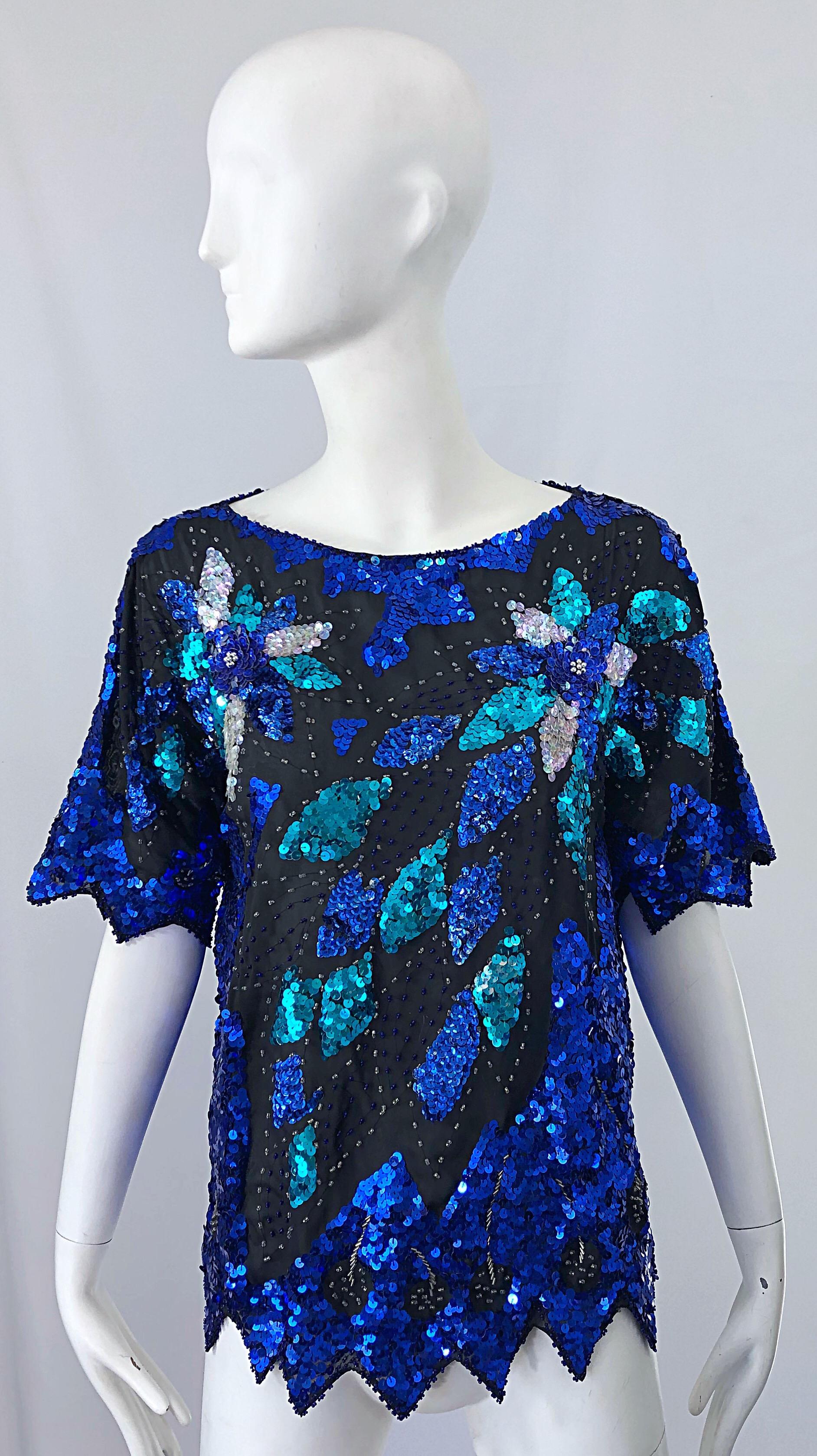 Fabulous 1980s Large Size Blue Turquoise Silver Sequin Silk Blouse Top 80s Shirt For Sale 3