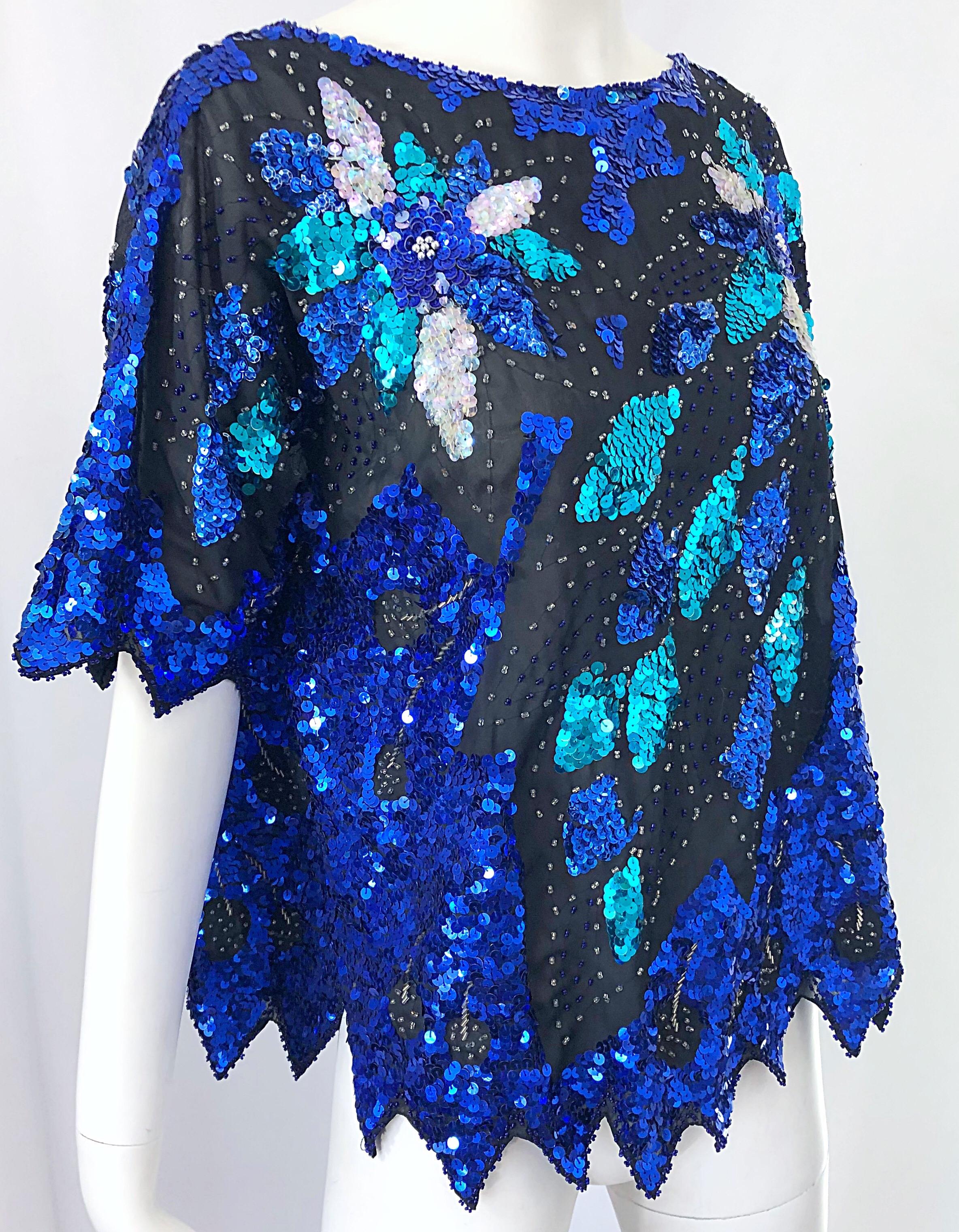 Purple Fabulous 1980s Large Size Blue Turquoise Silver Sequin Silk Blouse Top 80s Shirt For Sale