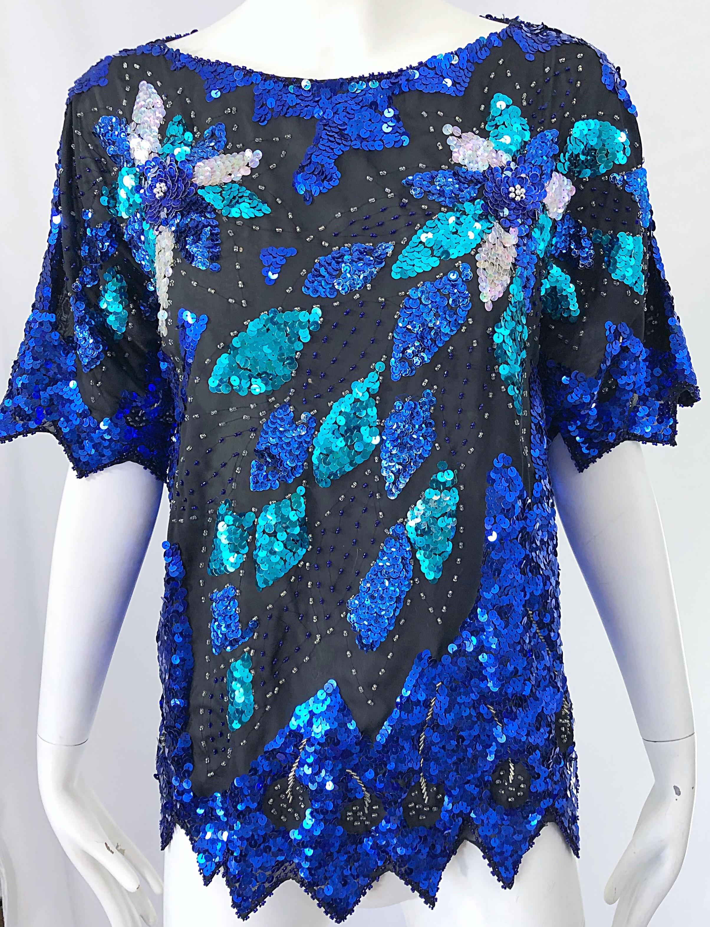 Fabulous 1980s Large Size Blue Turquoise Silver Sequin Silk Blouse Top 80s Shirt For Sale 1