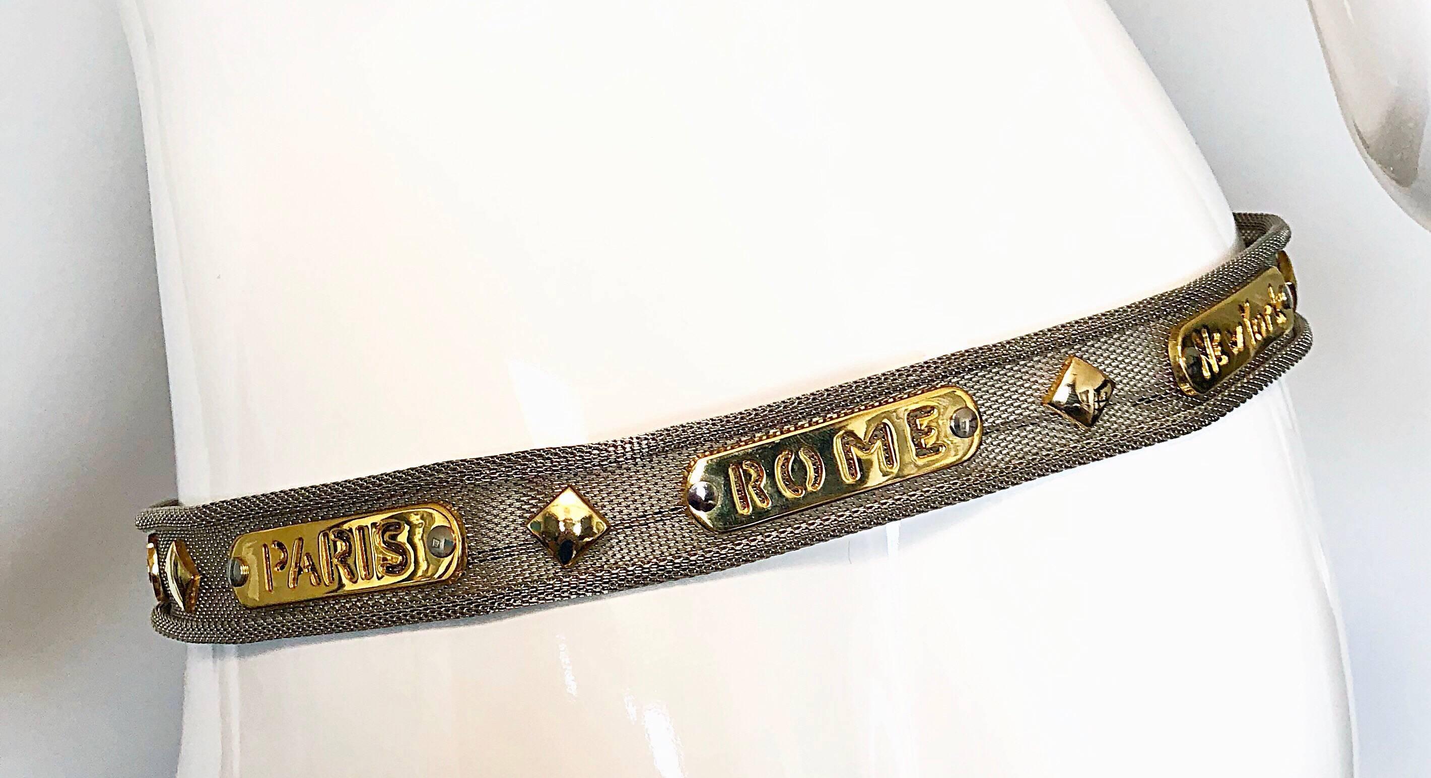 Gray Fabulous 1990s Silver Gold Novelty Souvenir Vintage 90s Metal Mesh Vintage Belt For Sale