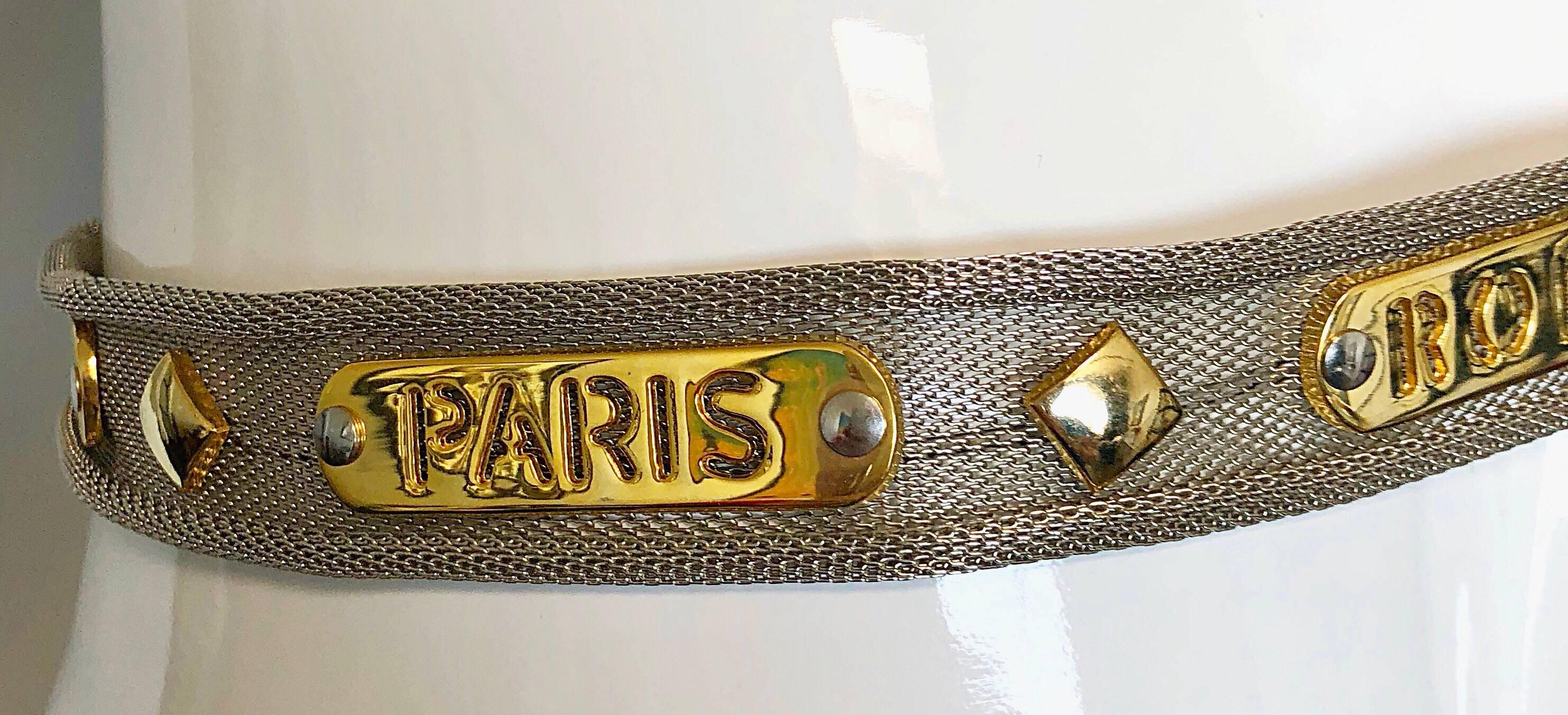 Fabulous 1990s Silver Gold Novelty Souvenir Vintage 90s Metal Mesh Vintage Belt For Sale 3