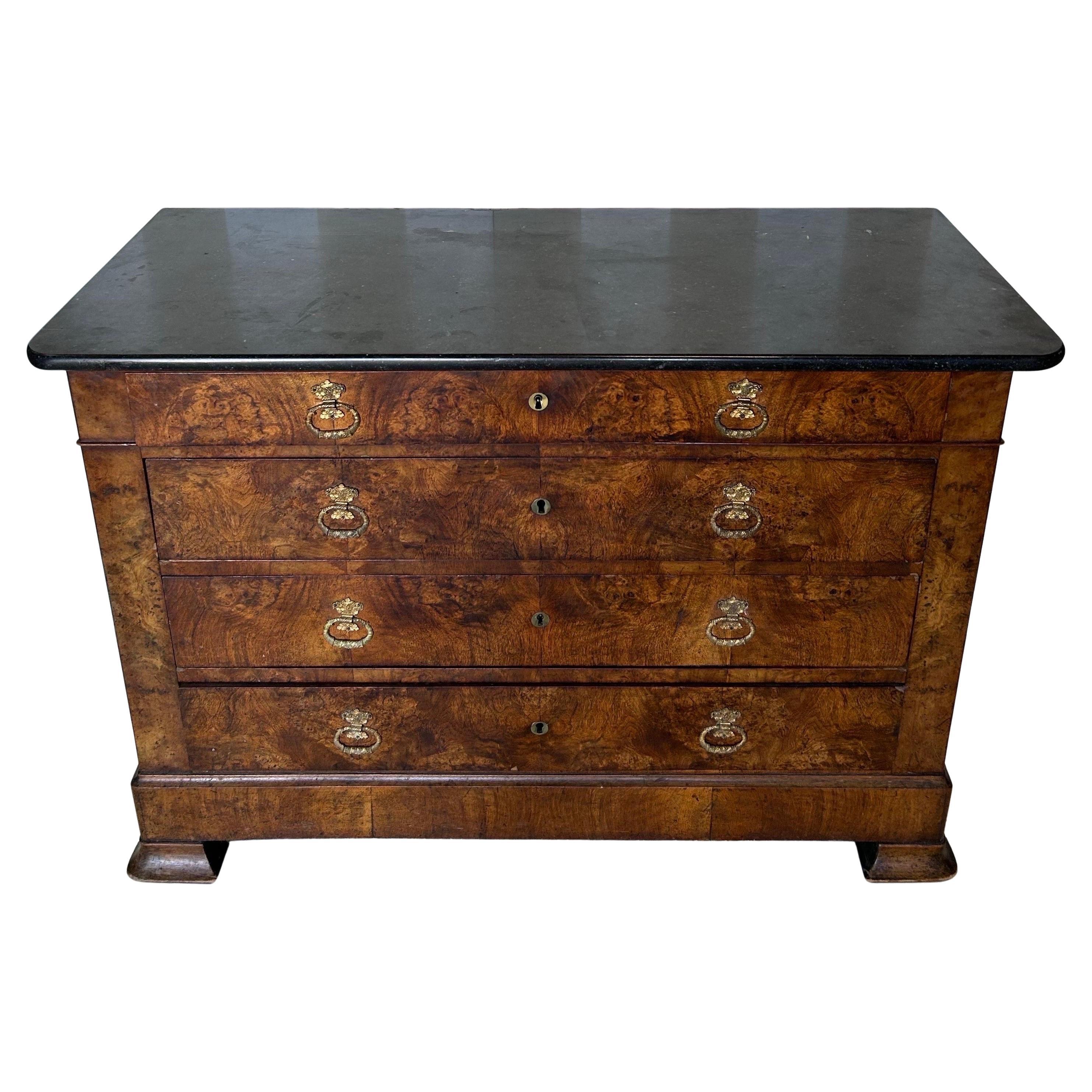 Fabulous 19th Century French Burl Walnut Chest of Drawers with Black Marble Top
