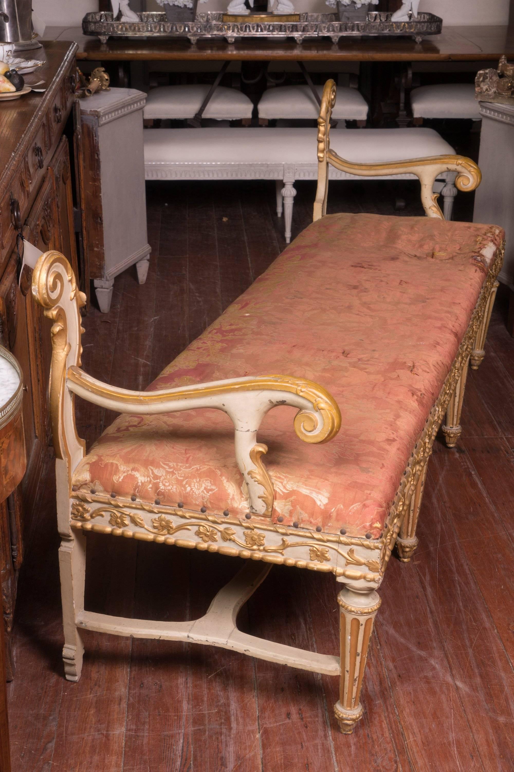 19th century Venetian decorative long two-arm painted and carved Italian bench.