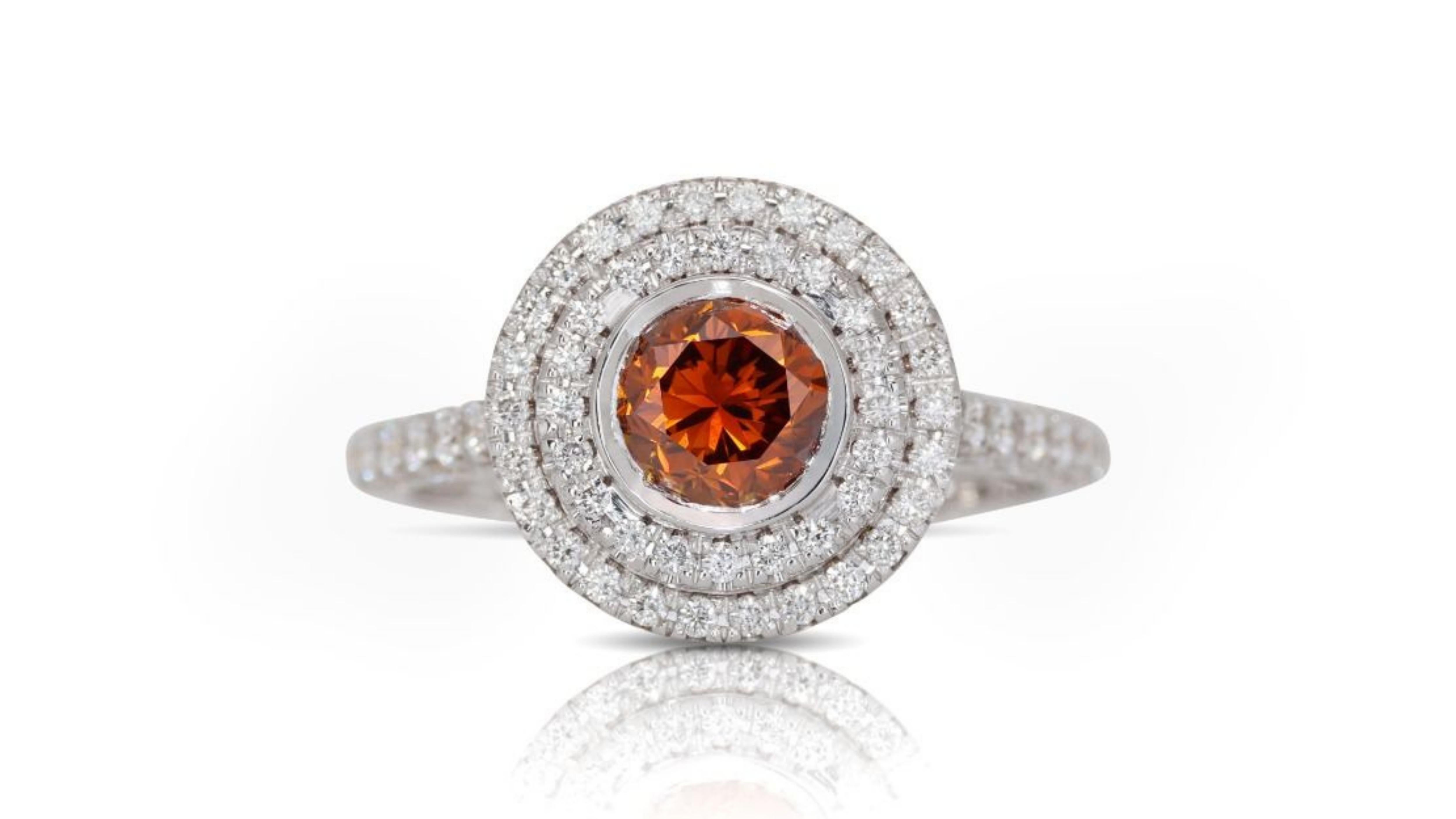 Fabulous .21ct. Round Brilliant Halo Diamond Ring

Product Details:

Metal: 18K White Gold

Main Stone: 1 pc Diamond
Colour: Fancy Deep Brownish Orange
Clarity: I1
Main stone carat weight: 0.73 carat
Main tone shape: Round Brilliant

Sidestones: 14