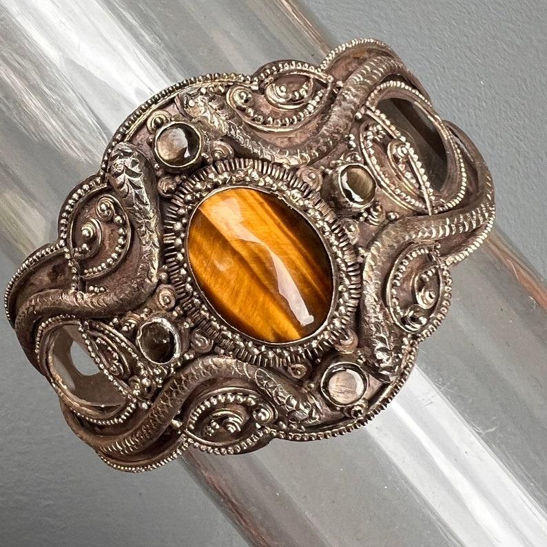 Fabulous 800 Silver Tiger eye stone Cuff Bracelet Snake For Sale 5