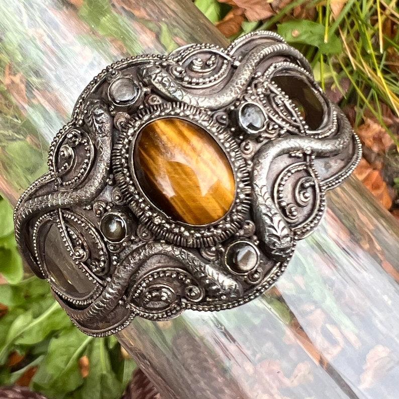 Fabulous 800 Silver Tiger eye stone Cuff Bracelet Snake For Sale 6