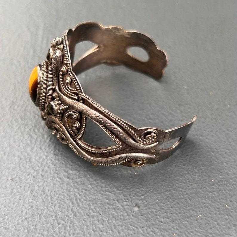 Fabulous 800 Silver Tiger eye stone Cuff Bracelet Snake In Good Condition For Sale In Monroe Township, NJ