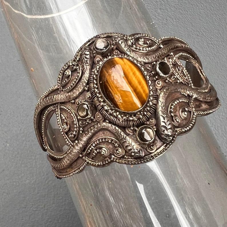 Fabulous 800 Silver Tiger eye stone Cuff Bracelet Snake For Sale 2