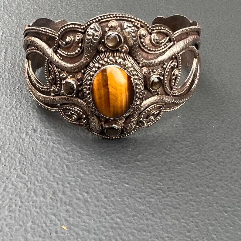 Fabulous 800 Silver Tiger eye stone Cuff Bracelet Snake For Sale 4