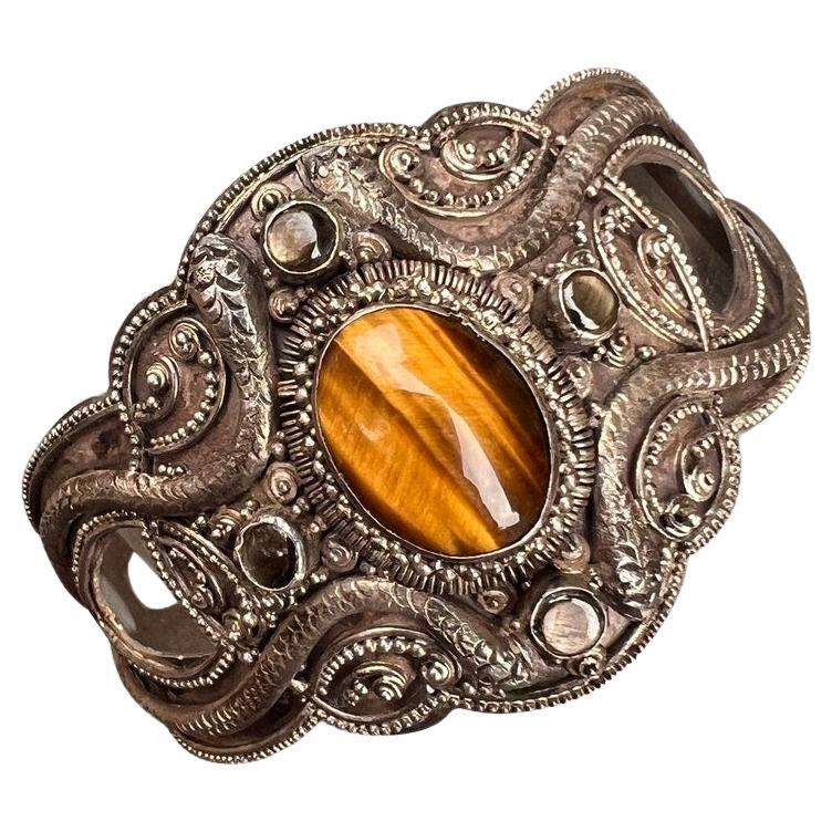 Fabulous 800 Silver Tiger eye stone Cuff Bracelet Snake